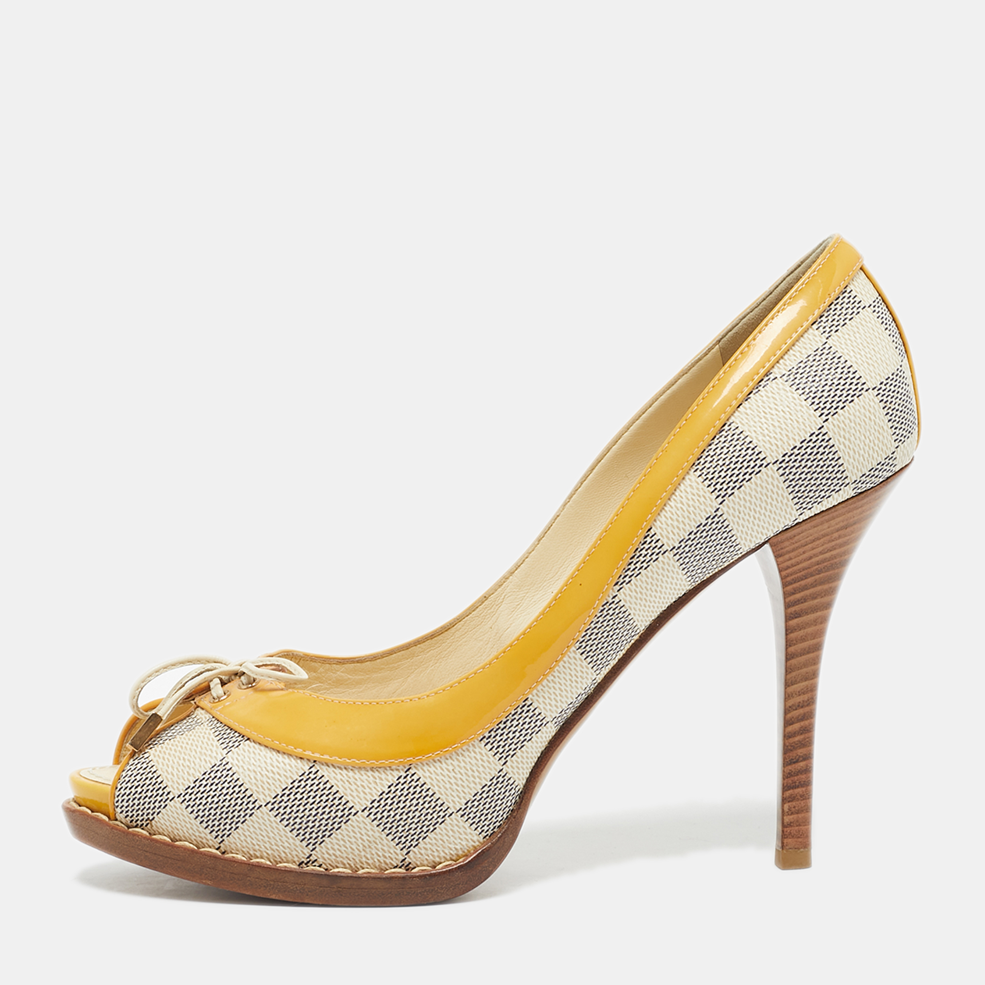 

Louis Vuitton Yellow Damier Azur Canvas And Patent Peep Toe Pumps Size