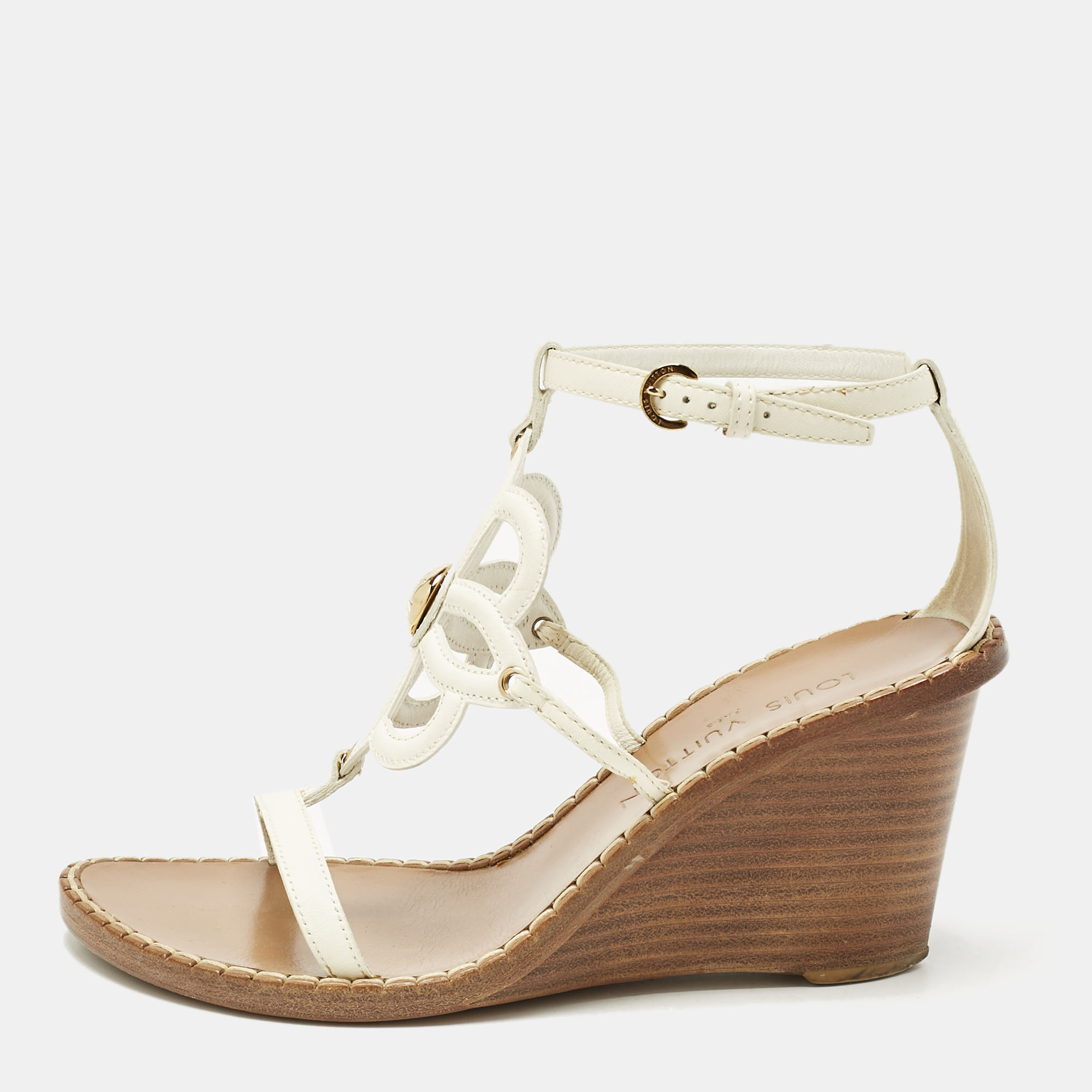 

Louis Vuitton White Leather Gloss Wedge Sandals Size