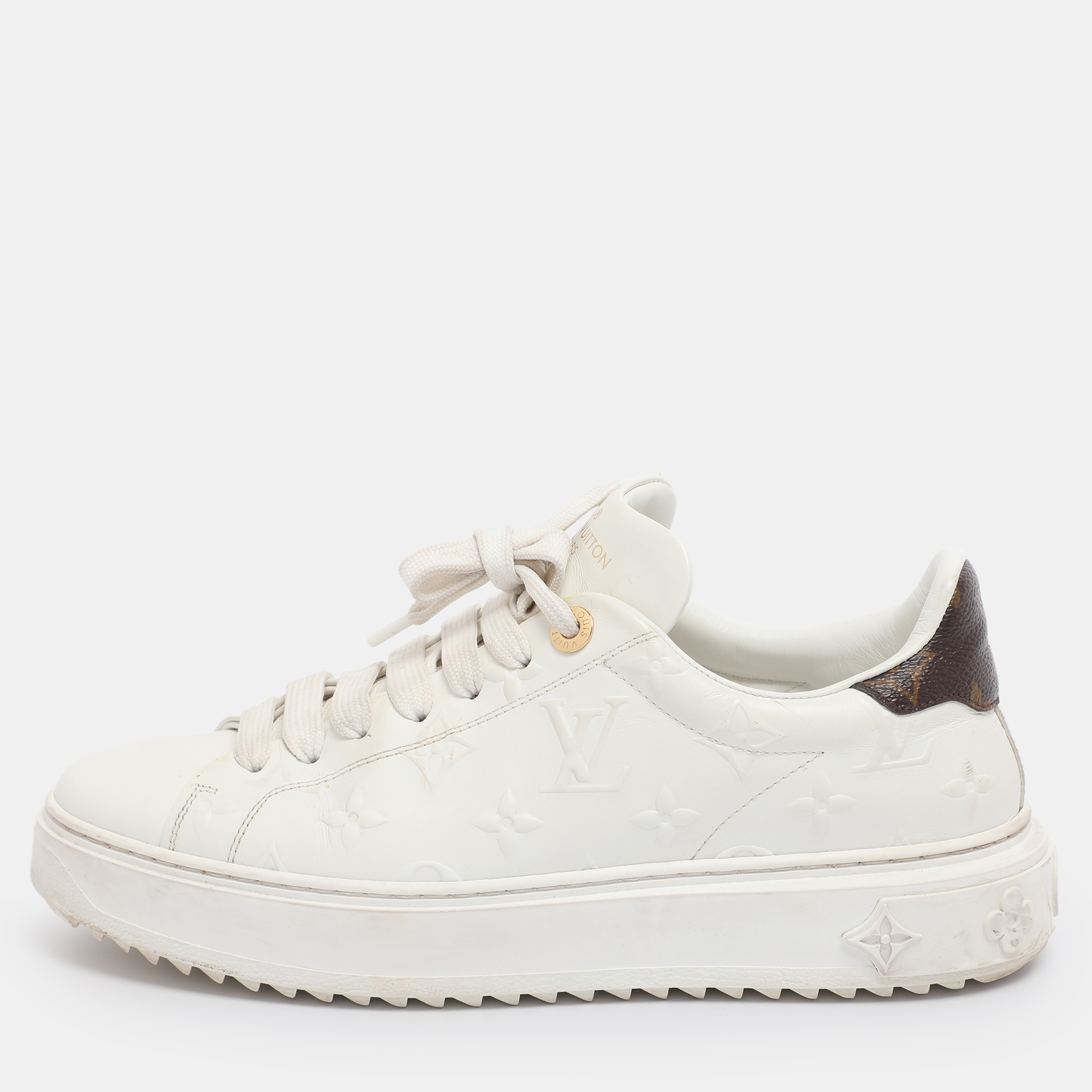 Pre-owned Louis Vuitton White Monogram Debossed Leather Time Out Sneakers Size 38