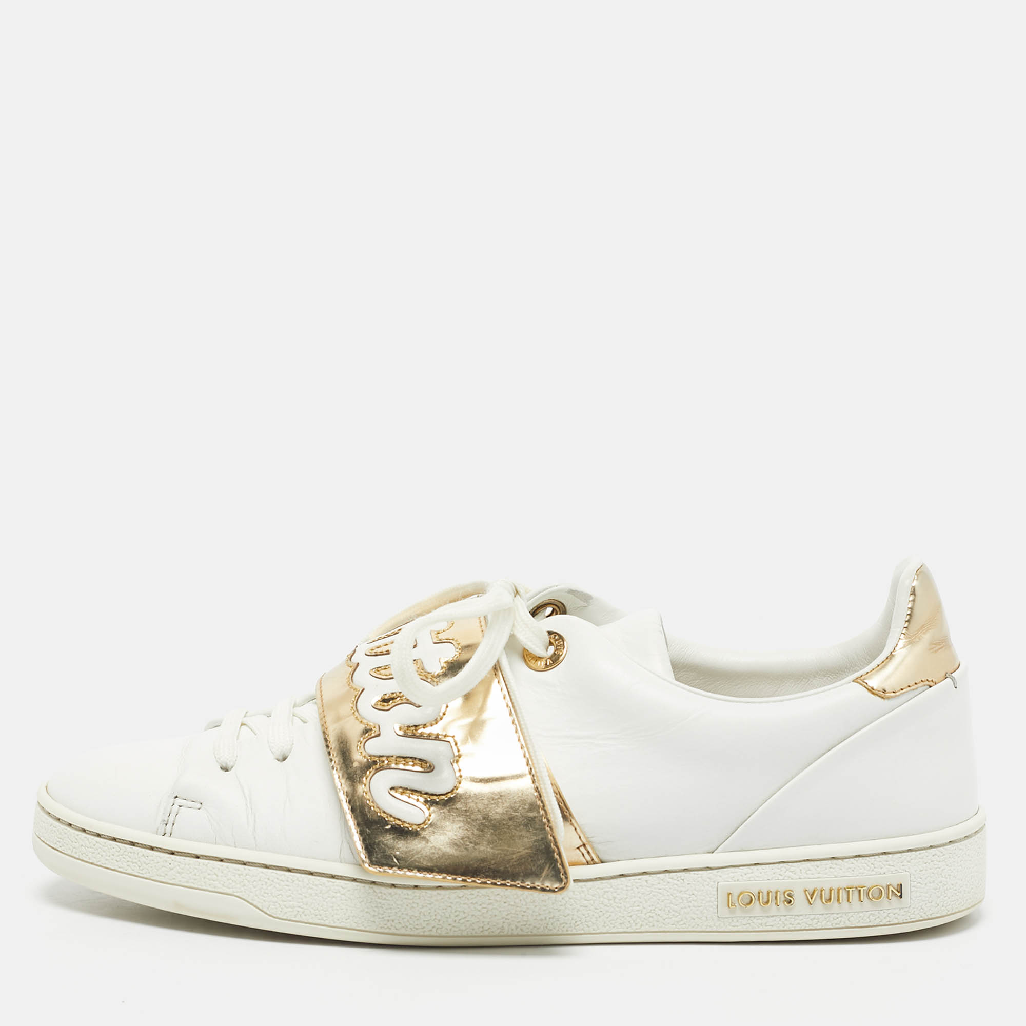 

Louis Vuitton White/Gold Leather Frontrow Lace Up Sneakers Size