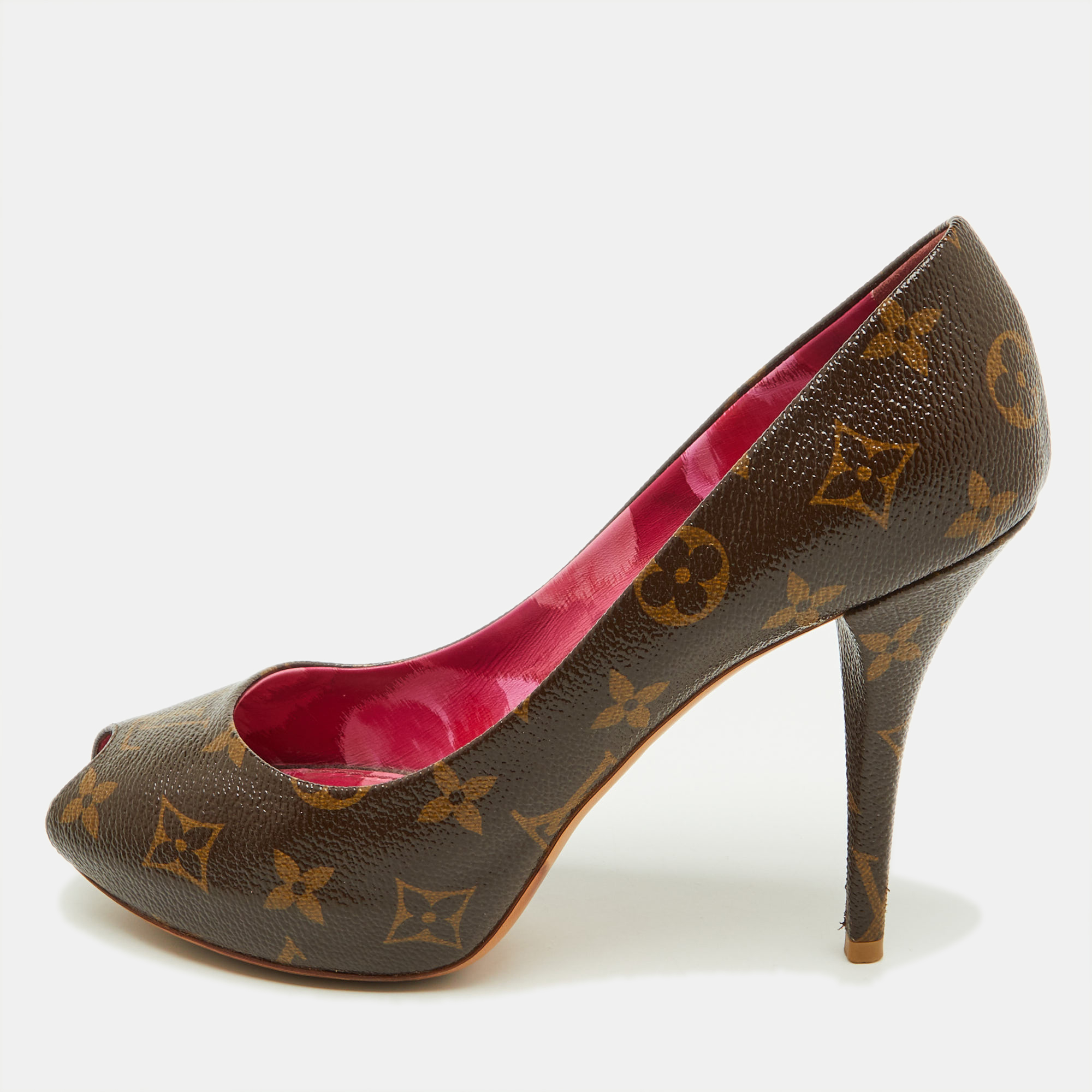 Pre-owned Louis Vuitton Monogram Canvas Rosemary Peep Toe Platform Pumps Size 37.5 In Brown