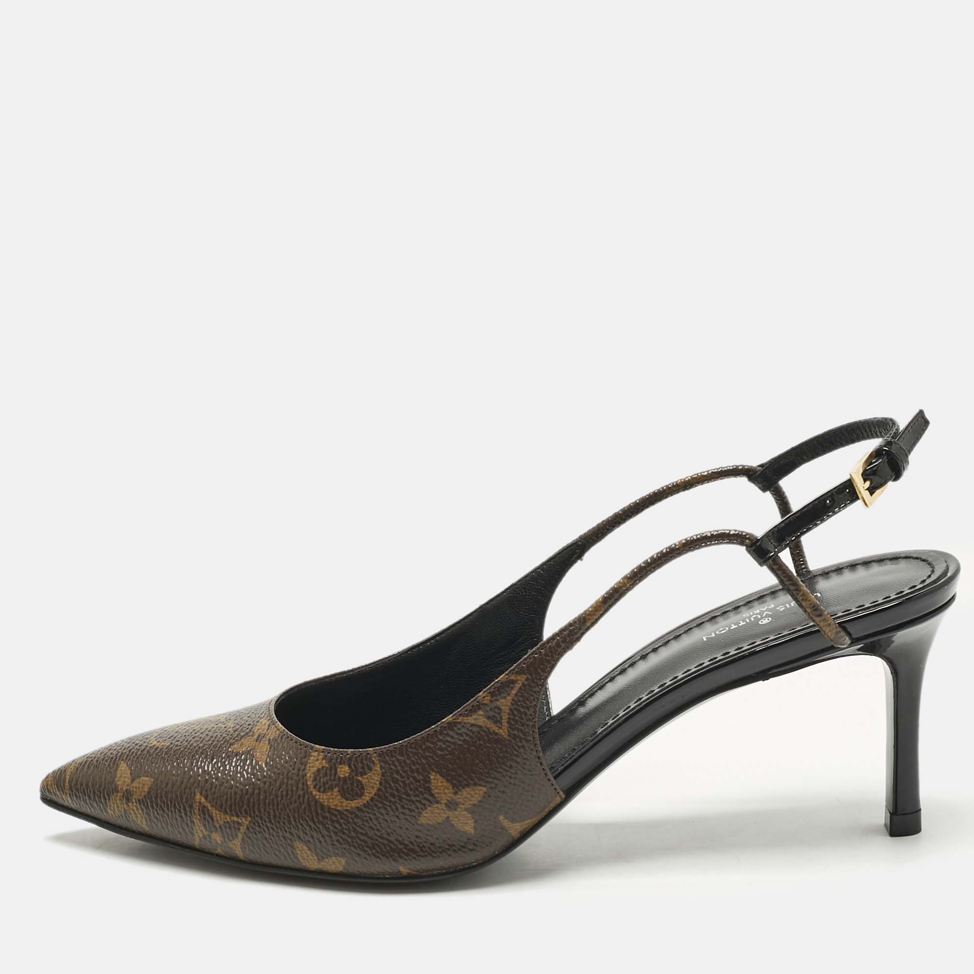 Pre-owned Louis Vuitton Brown Monogram Canvas Cherie Slingback Pumps Size 37