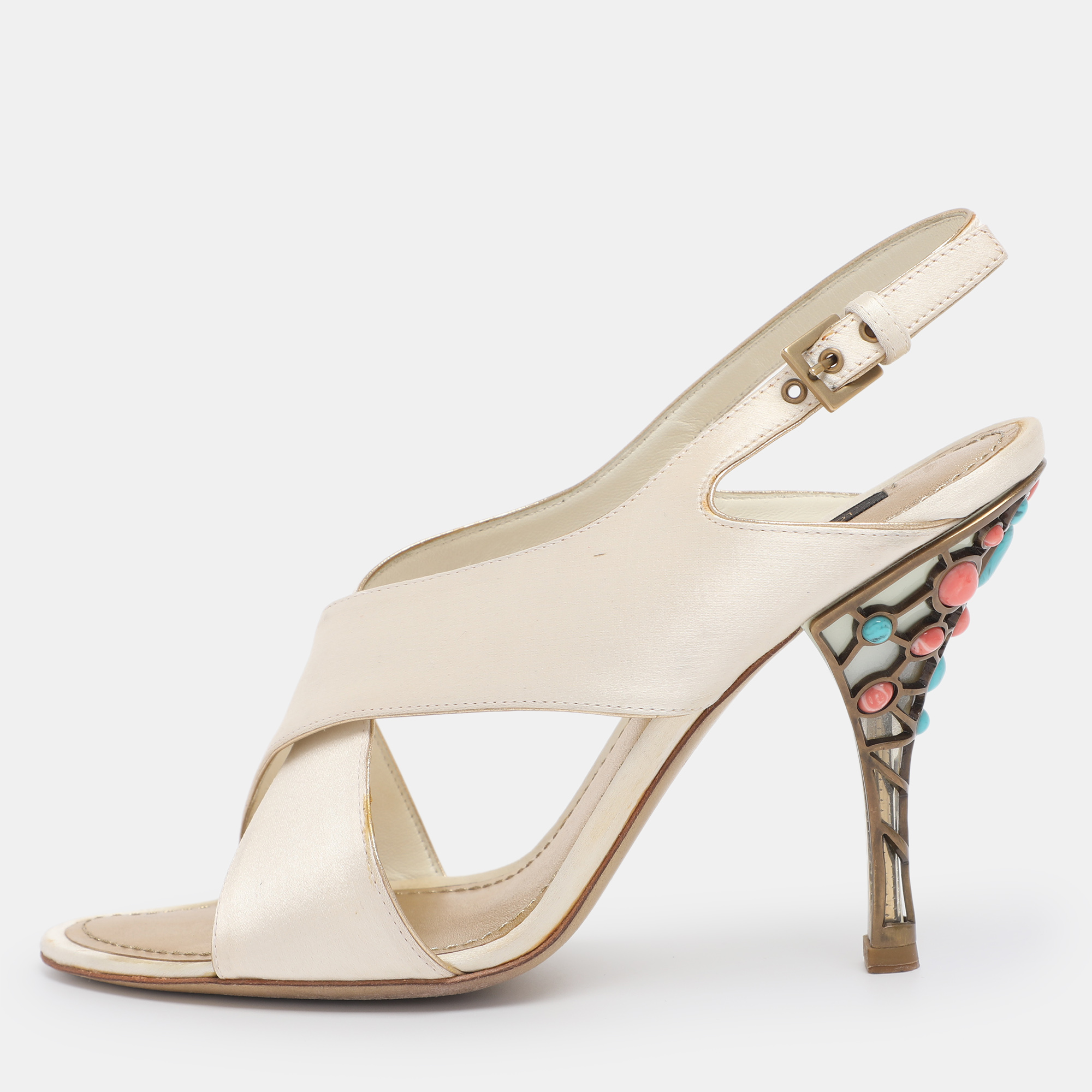 

Louis Vuitton Cream Satin Cross Strap Embellished Heel Slingback Sandals Size