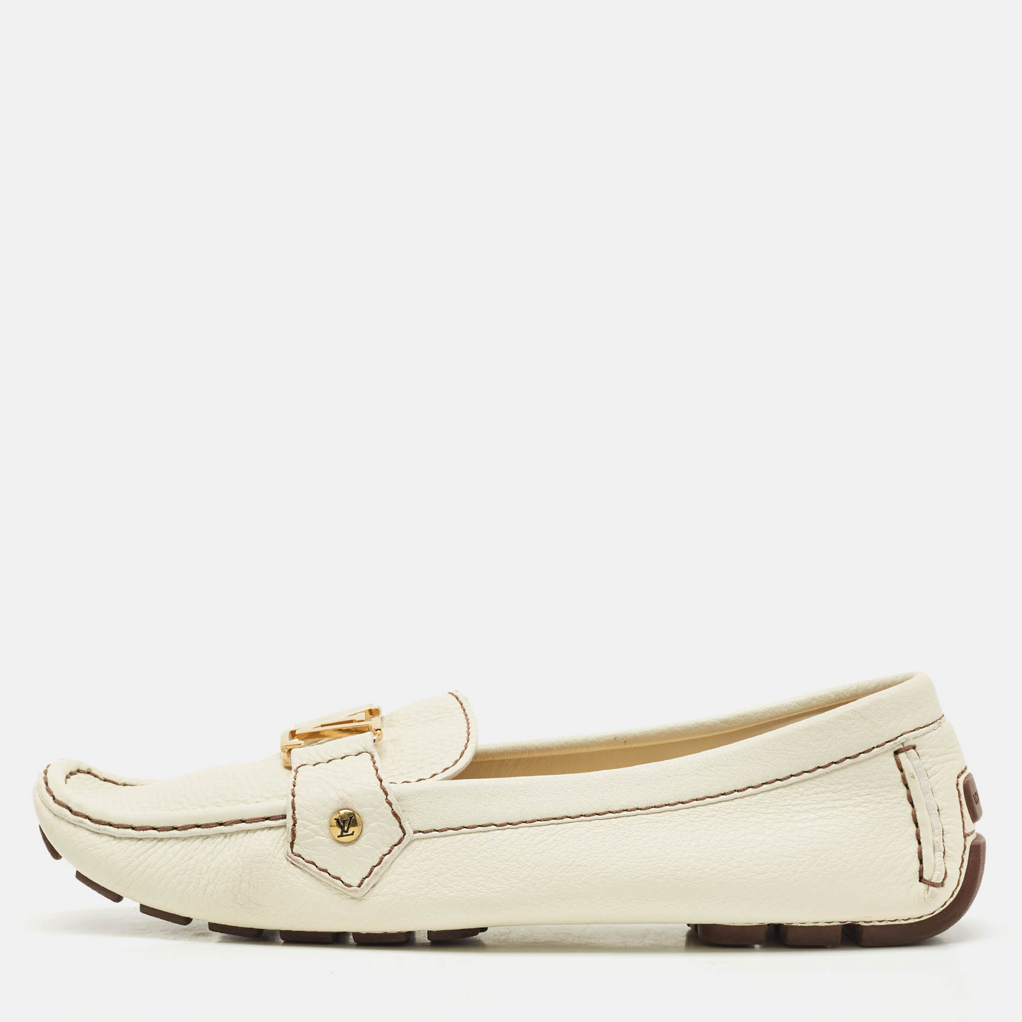 Pre-owned Louis Vuitton Cream Leather Monte Carlo Loafers Size 39 In White