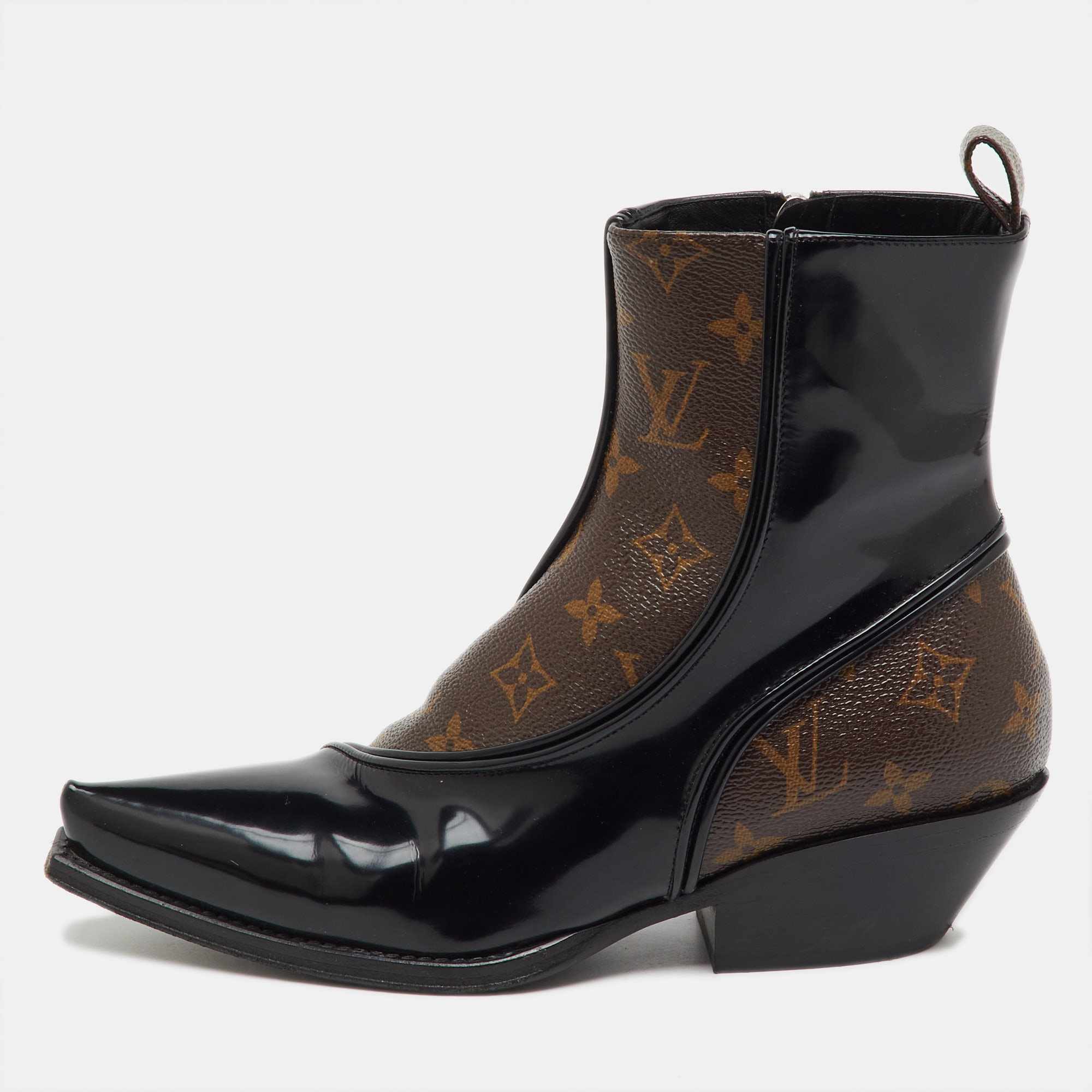 Pre-owned Louis Vuitton Black Patent Leather And Monogram Canvas Matador Ankle Boots Size 36