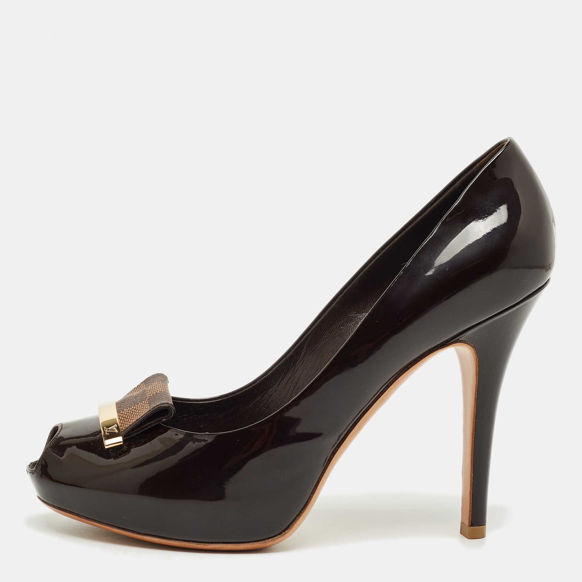 

Louis Vuitton Burgundy Patent Leather Damier Bow Peep Toe Pumps Size