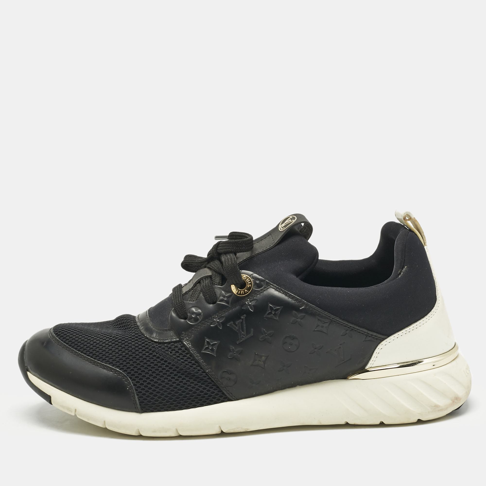 Pre-owned Louis Vuitton Black Knit Fabric And Monogram Leather Aftergame Lace Up Sneakers Size 39