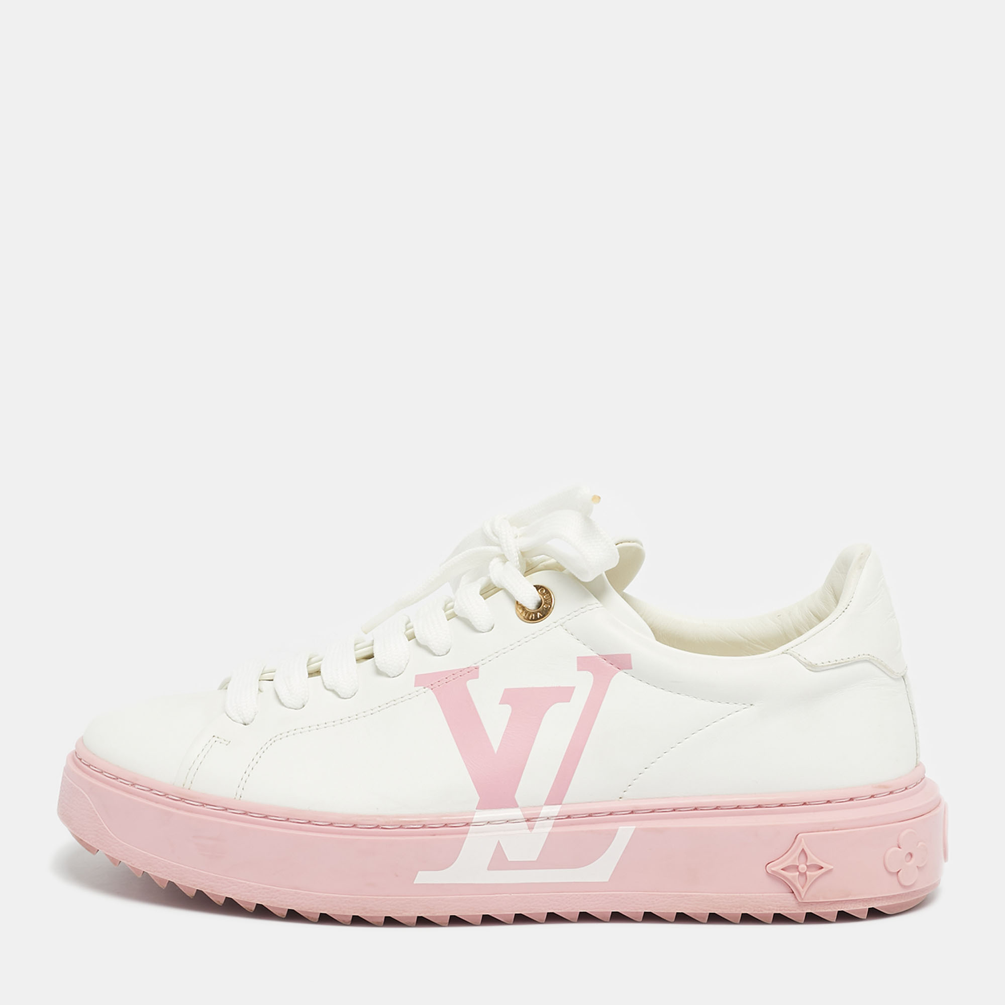 

Louis Vuitton White/Pink Leather Time Out Lace Up Sneakers Size
