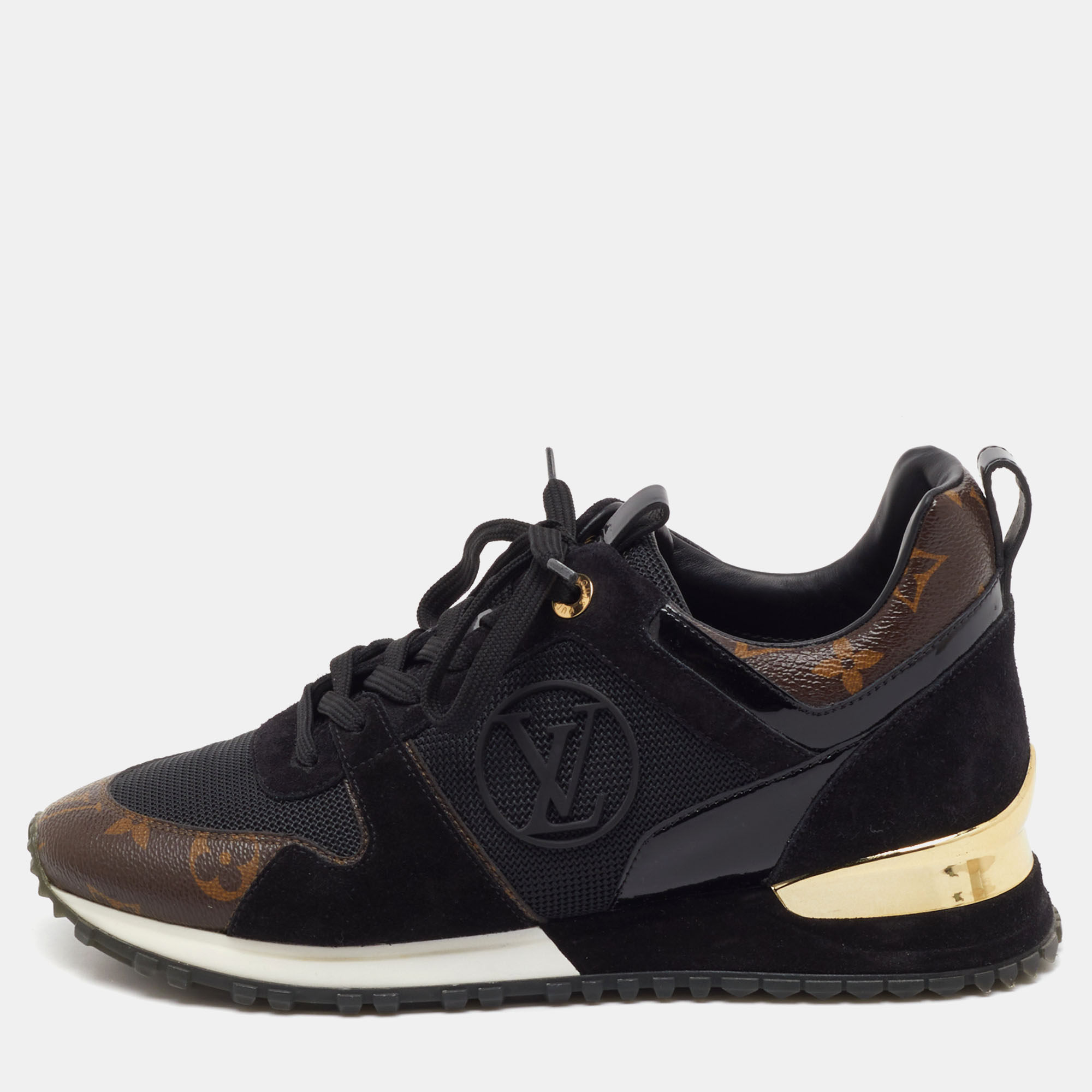 Pre-owned Louis Vuitton Black Suede Mesh And Monogram Canvas Run Away Sneakers Size 37.5