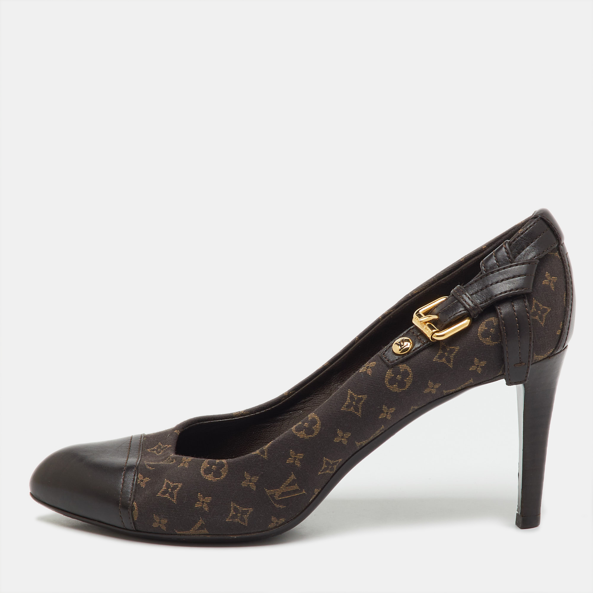 Pre-owned Louis Vuitton Brown Monogram Mini Lin Canvas And Leather Barbara Cap Toe Pumps Size 38.5