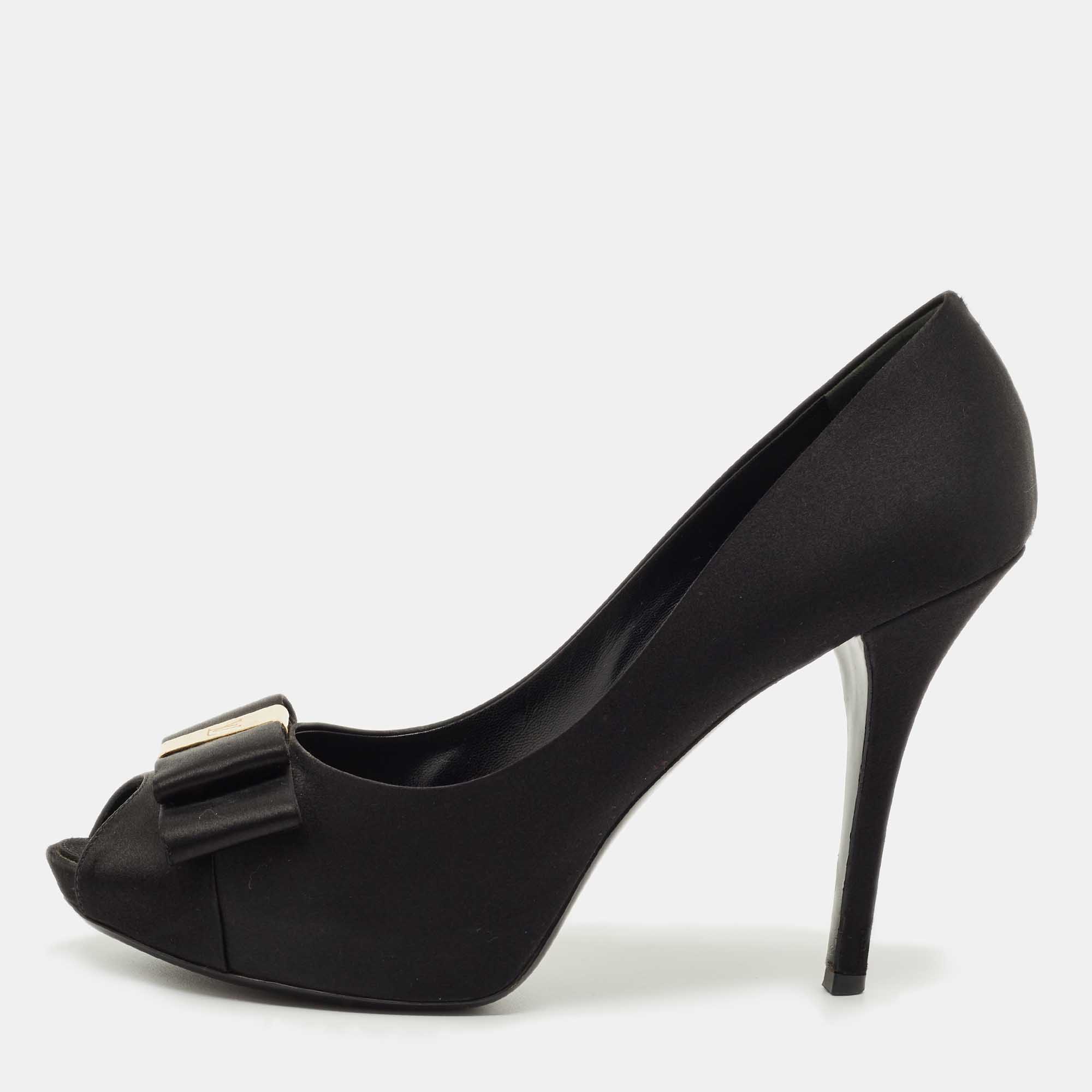 Pre-owned Louis Vuitton Black Satin Bow Peep Toe Pumps Size 40.5