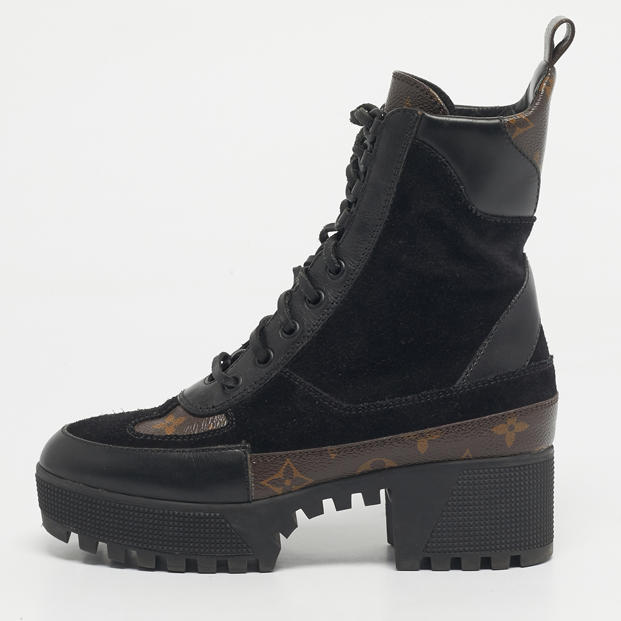 

Louis Vuitton Black/Brown Monogram Canvas And Suede Laureate Platform Desert Ankle Boots Size