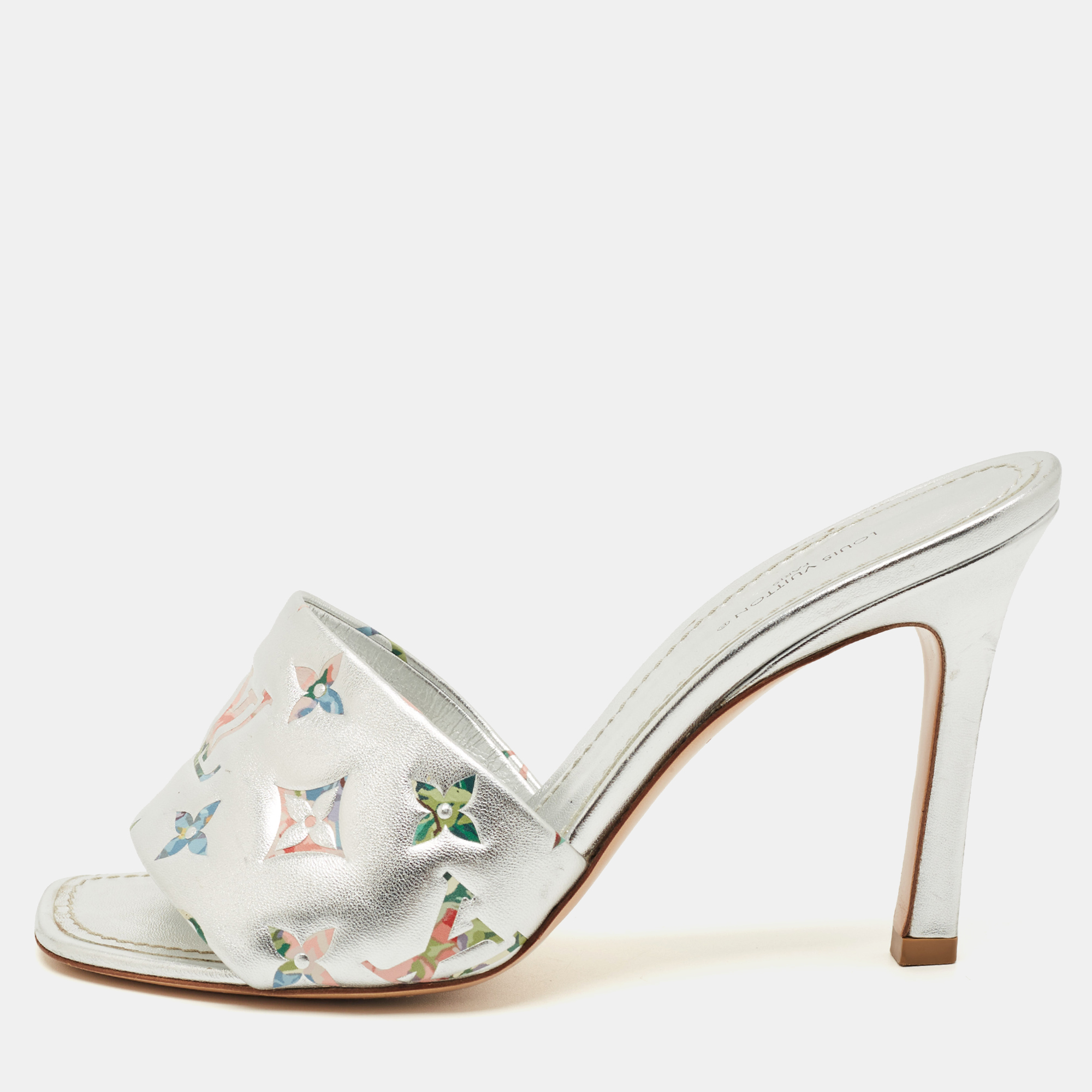 Pre-owned Louis Vuitton Silver Monogram Embossed Leather Revival Slide Sandals Size 37