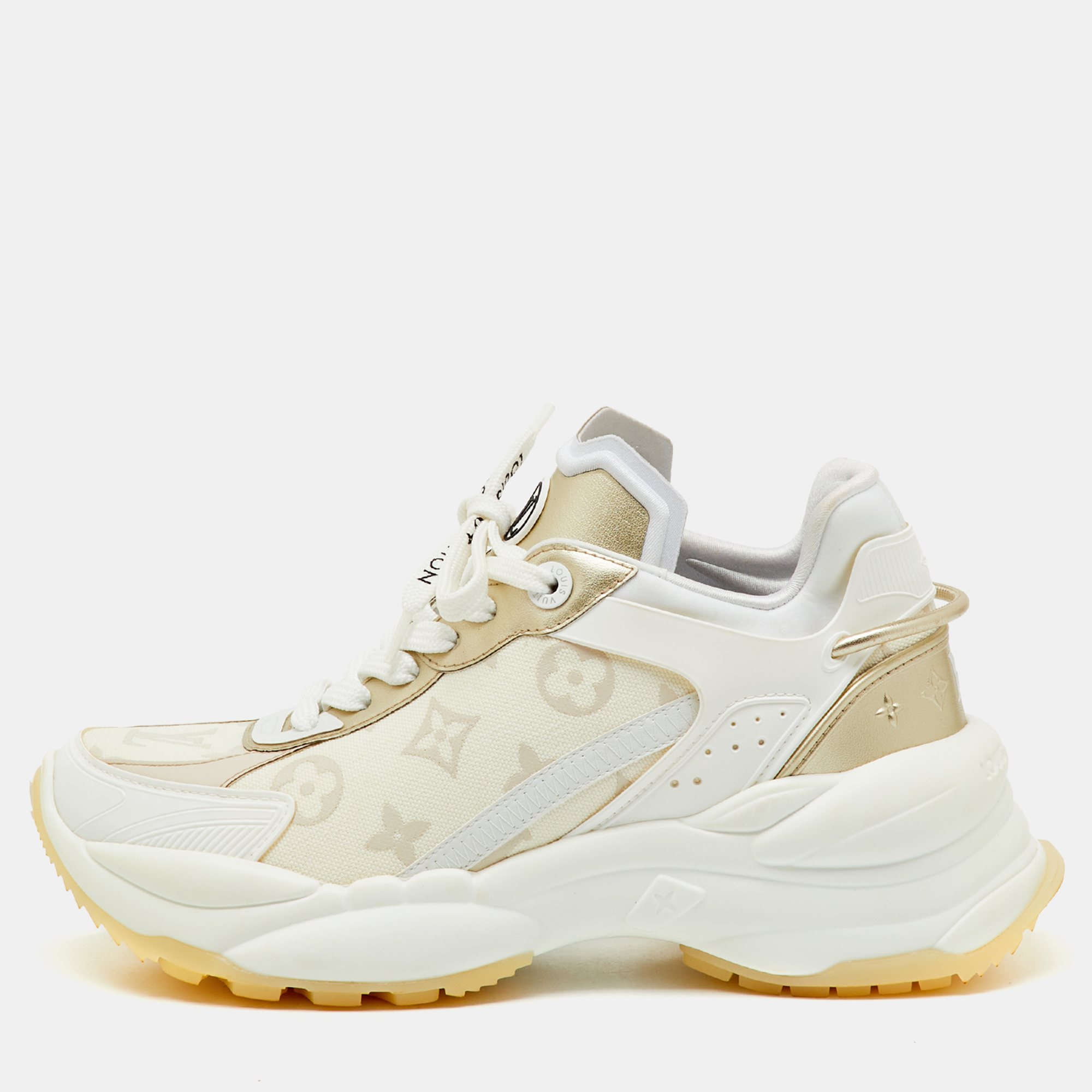 Pre-owned Louis Vuitton White/gold Canvas Rubber And Leather Run 55 Trainers Sneakers Size 37