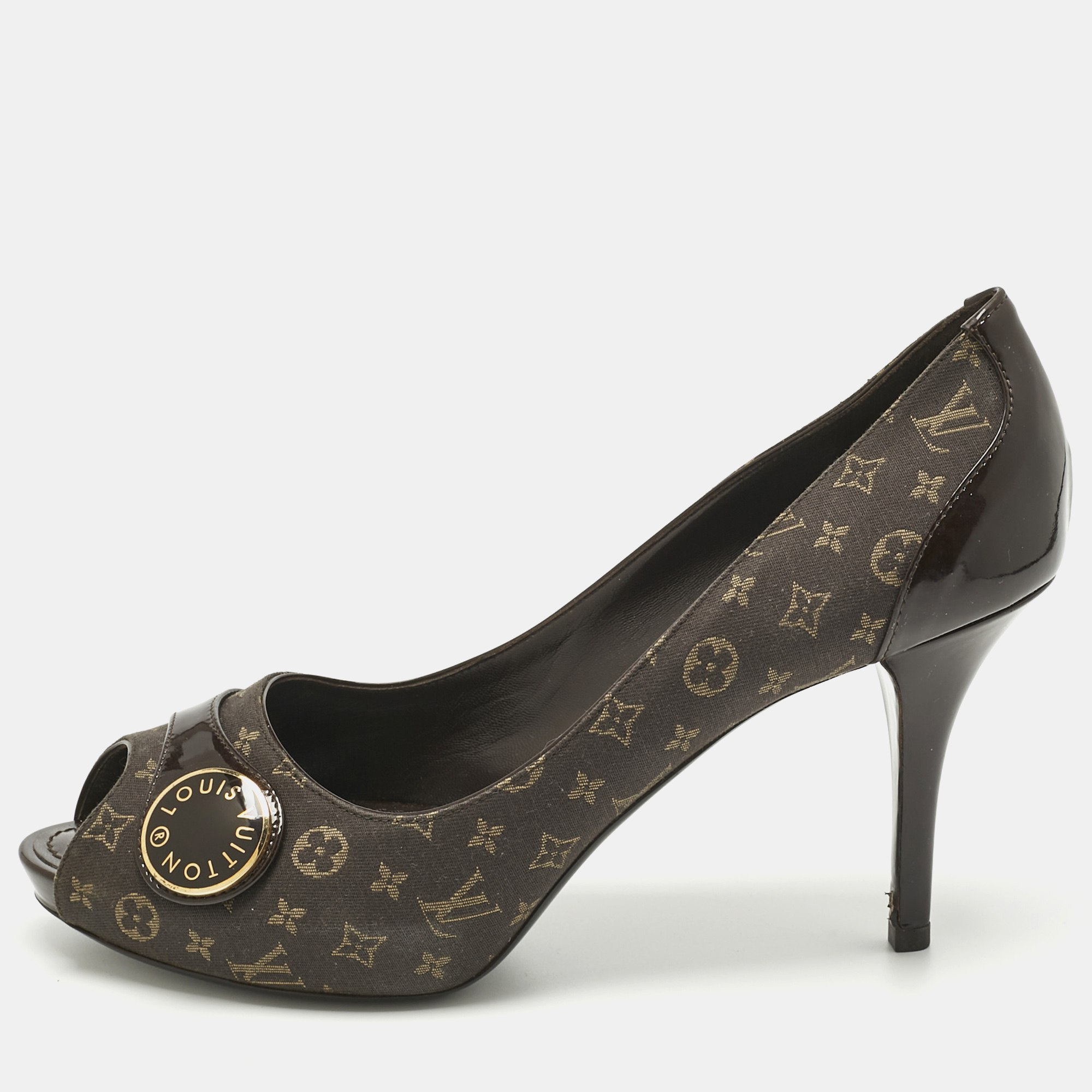 Pre-owned Louis Vuitton Dark Brown Monogram Canvas And Patent Leather Judy Peep-toe Pumps Size 38.5