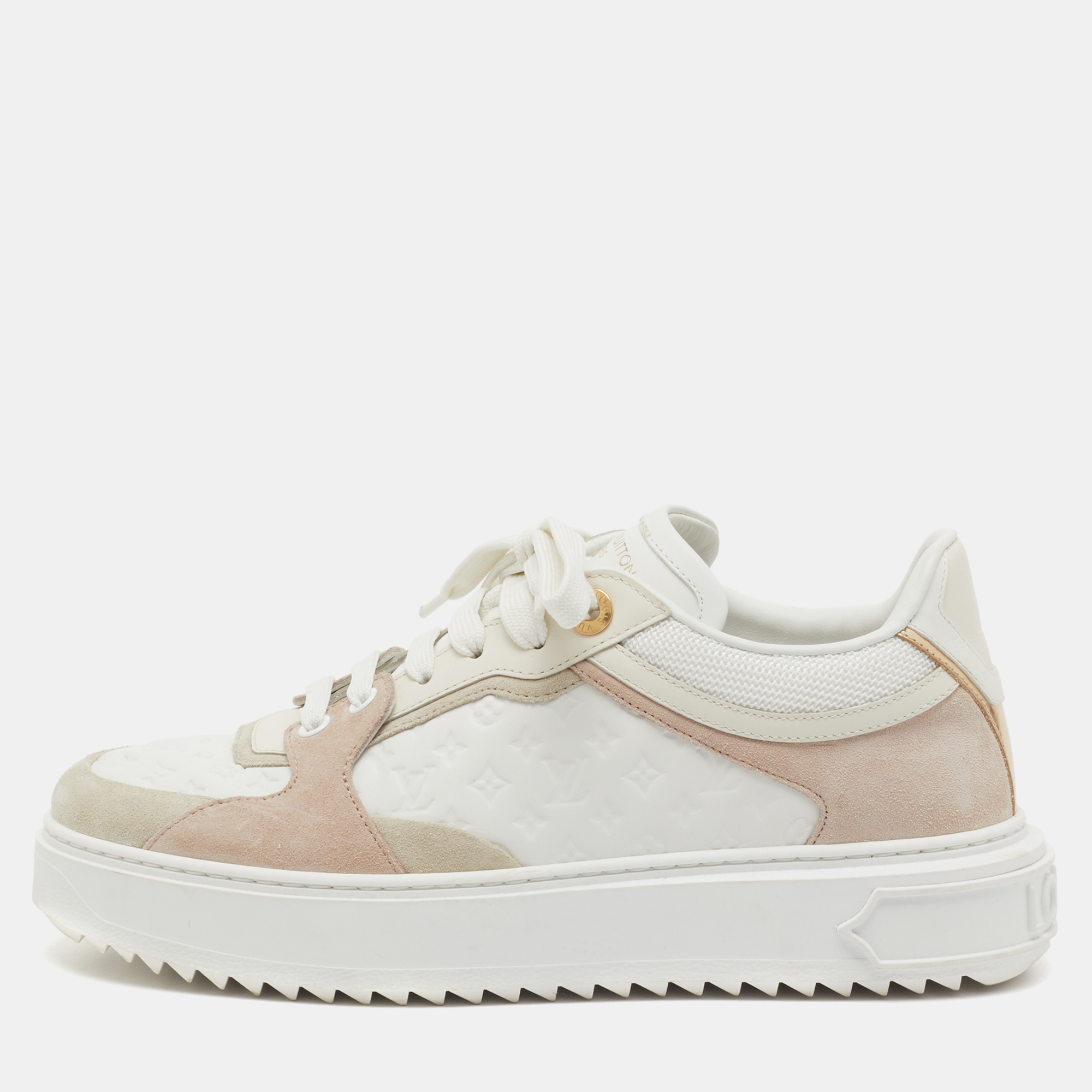 Pre-owned Louis Vuitton White/beige Monogram Embossed Leather And Suede Time Out Sneakers Size 38