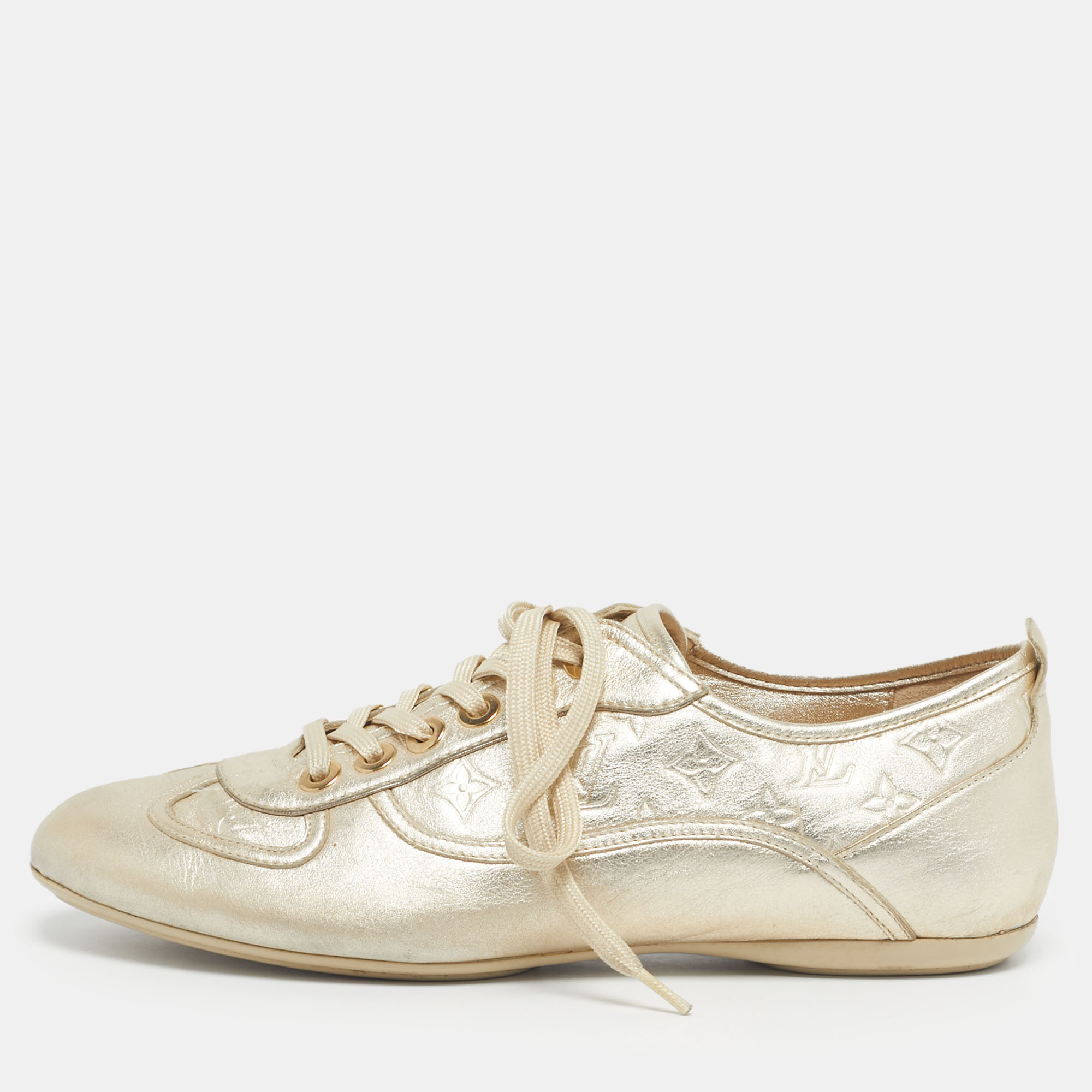 Pre-owned Louis Vuitton Gold Monogram Leather Trainers Lace Up Sneakers Size 38