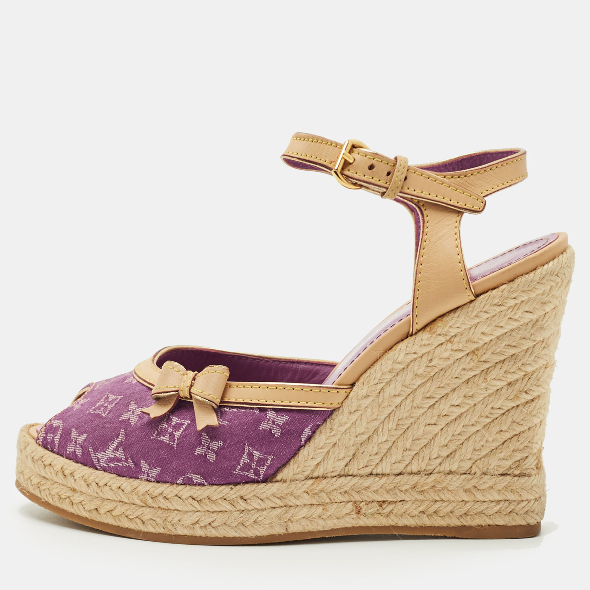 Pre-owned Louis Vuitton Purple Canvas Wedge Espadrille Sandals Size 37