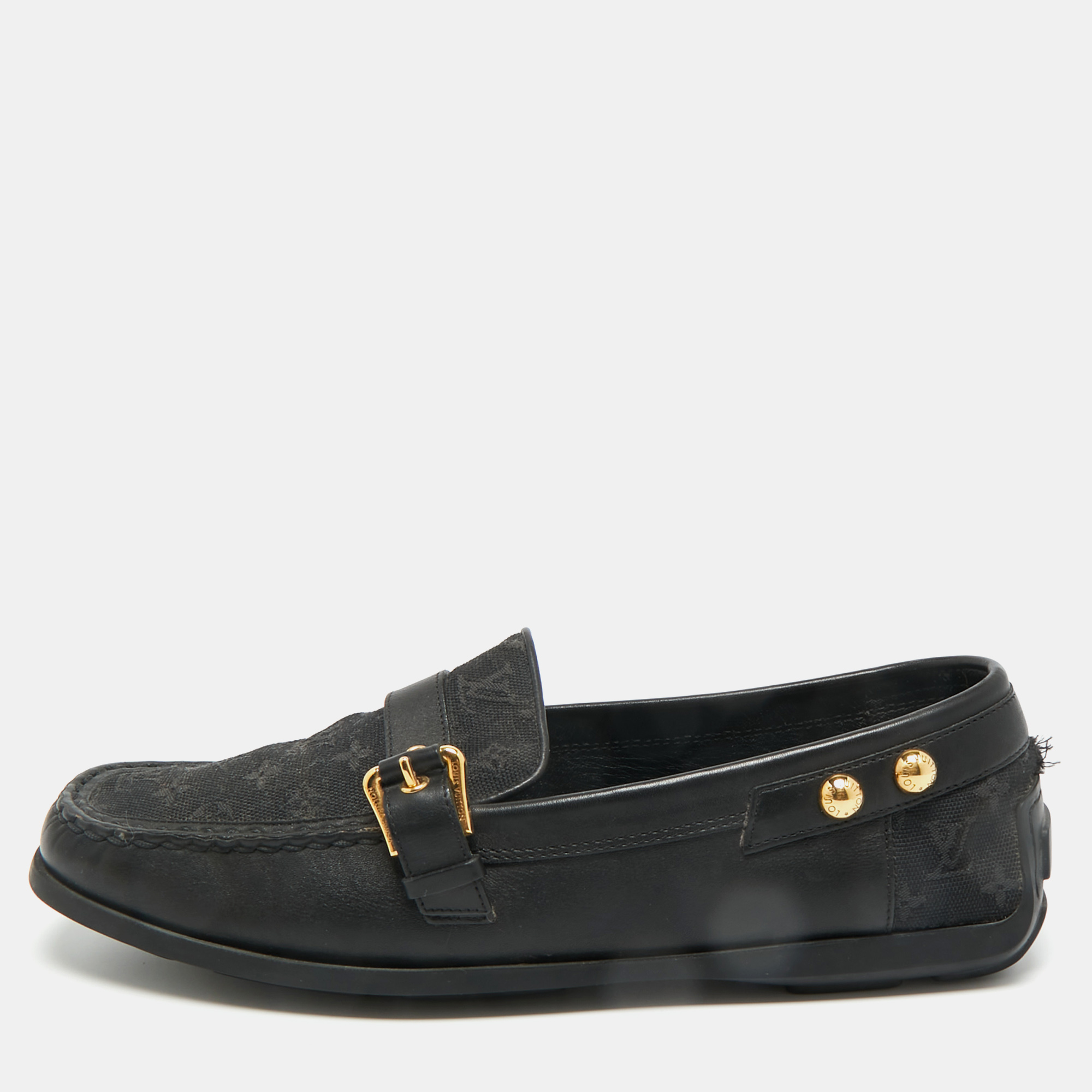 Pre-owned Louis Vuitton Black Canvas And Leather Buckle Loafers Size 40.5