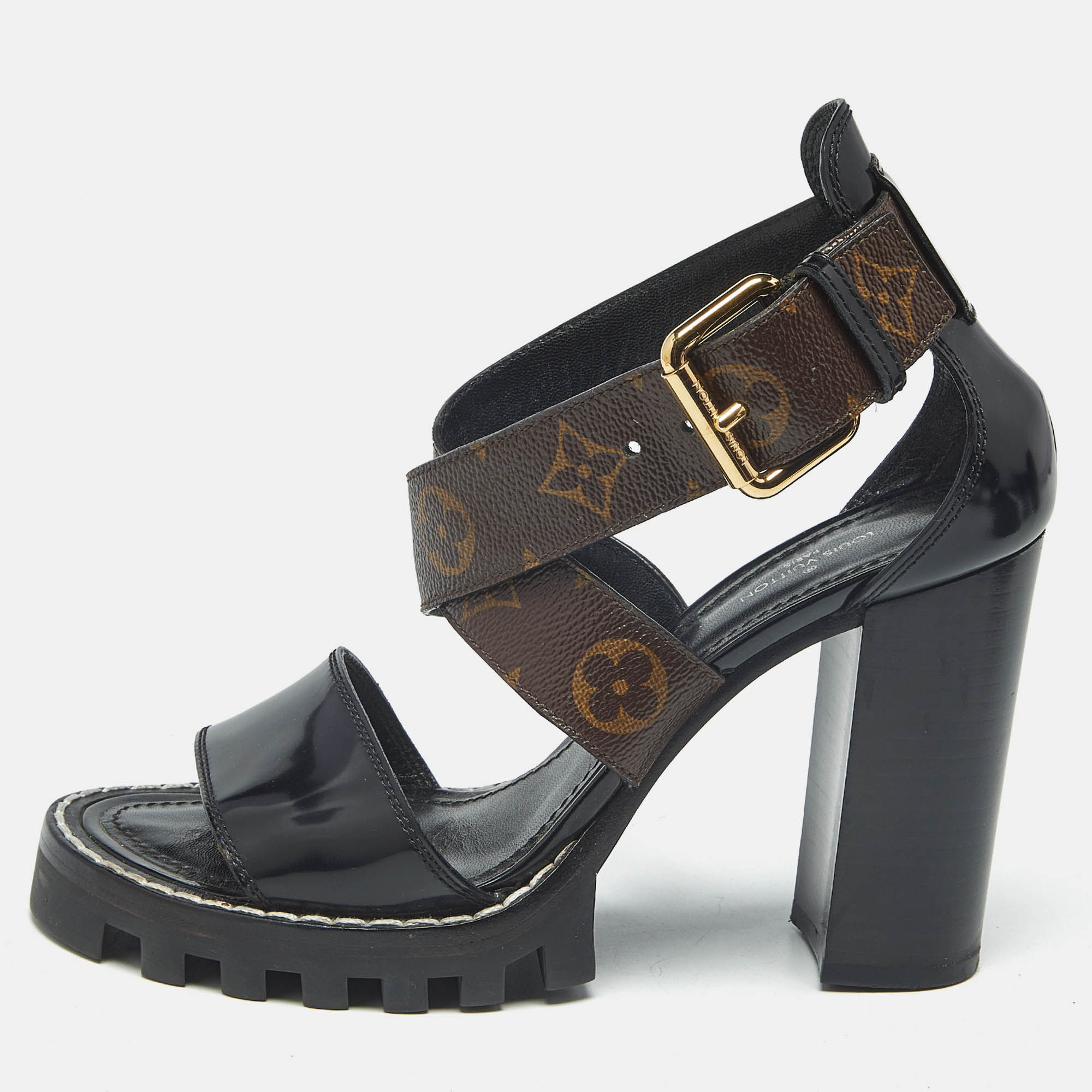 

Louis Vuitton Brown/Black Monogram Canvas and Patent Cross Ankle Strap Sandals Size 36.5