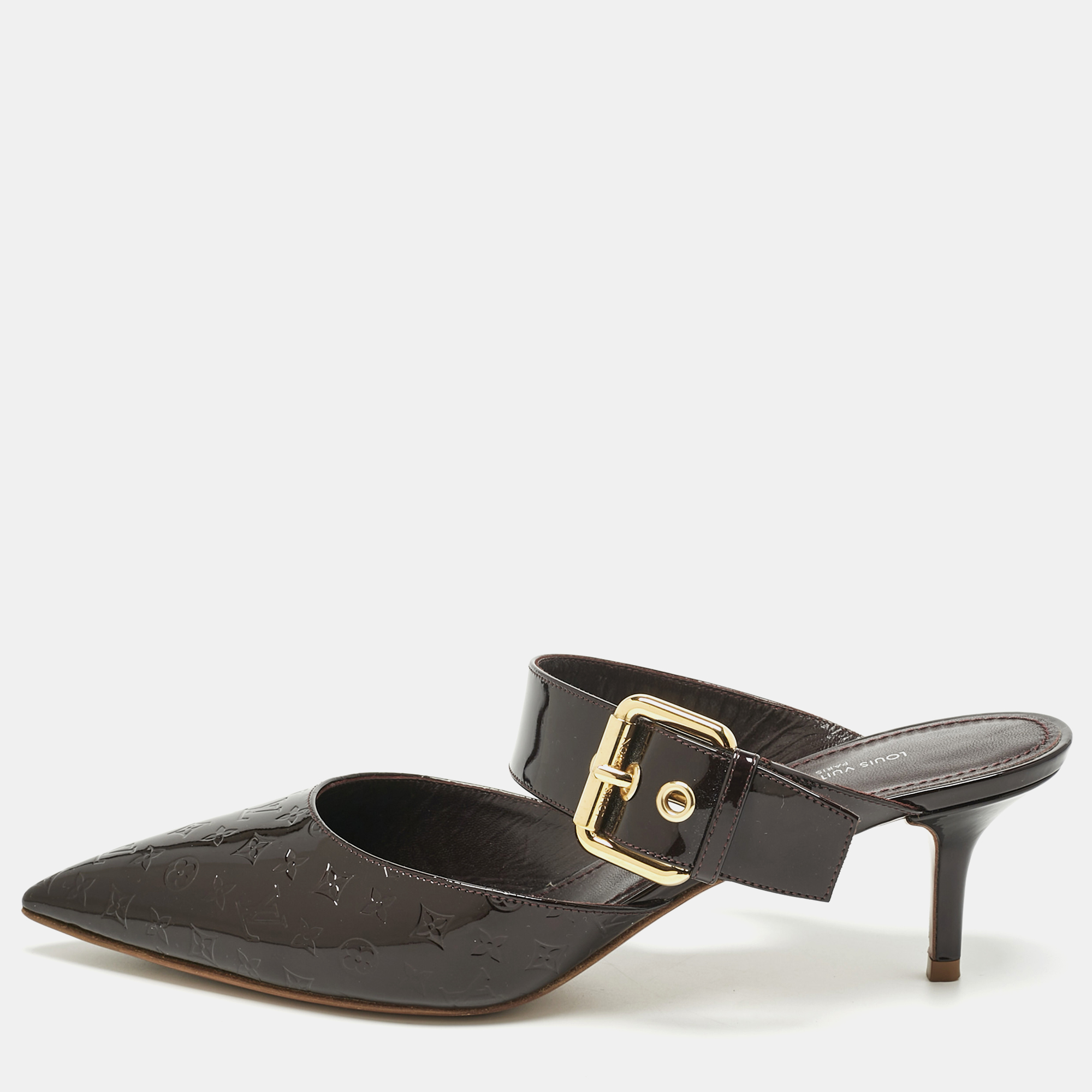 

Louis Vuitton Burgundy Monogram Patent Leather Buckle Mules Size