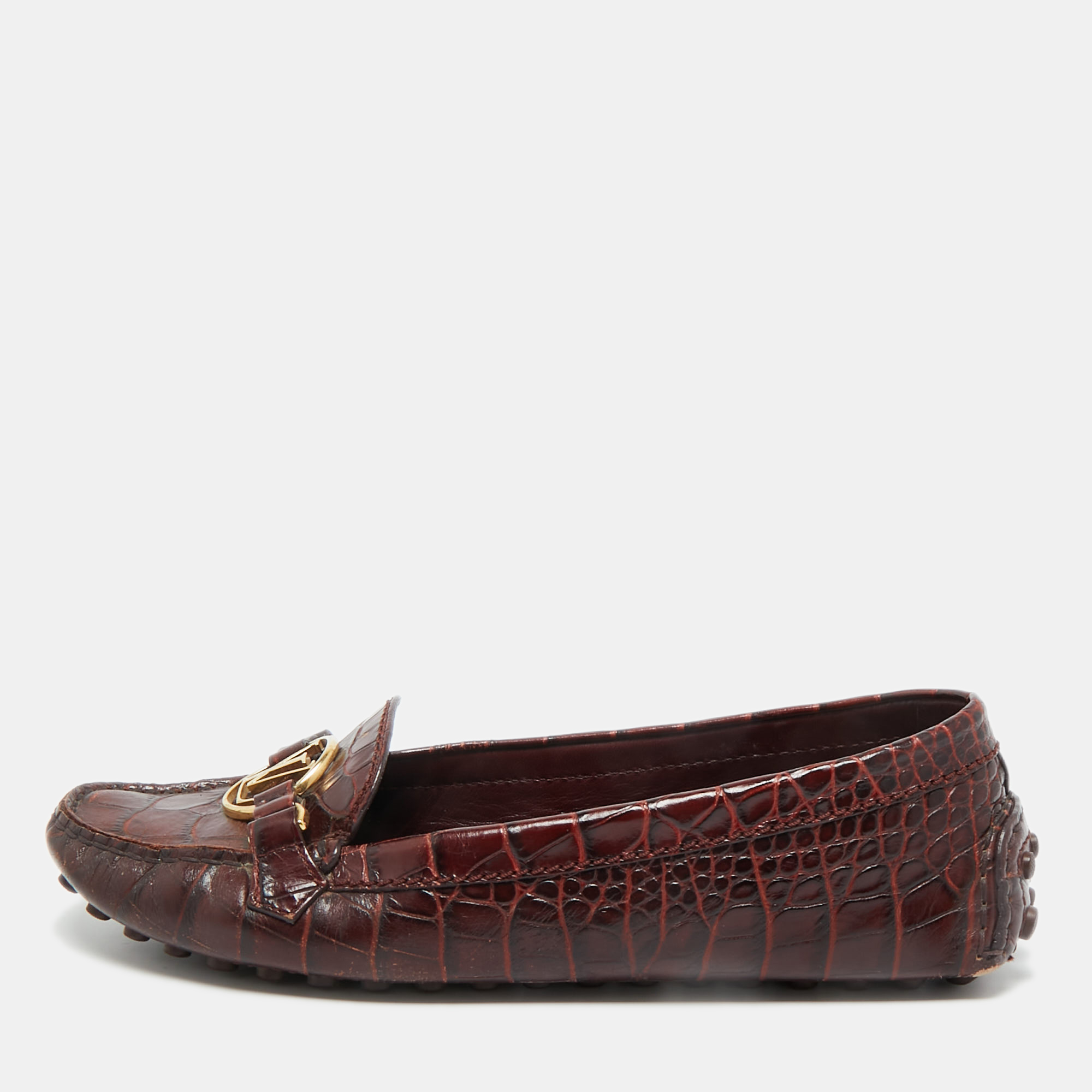 

Louis Vuitton Burgundy Croc Embossed Leather Dauphine Loafers Size