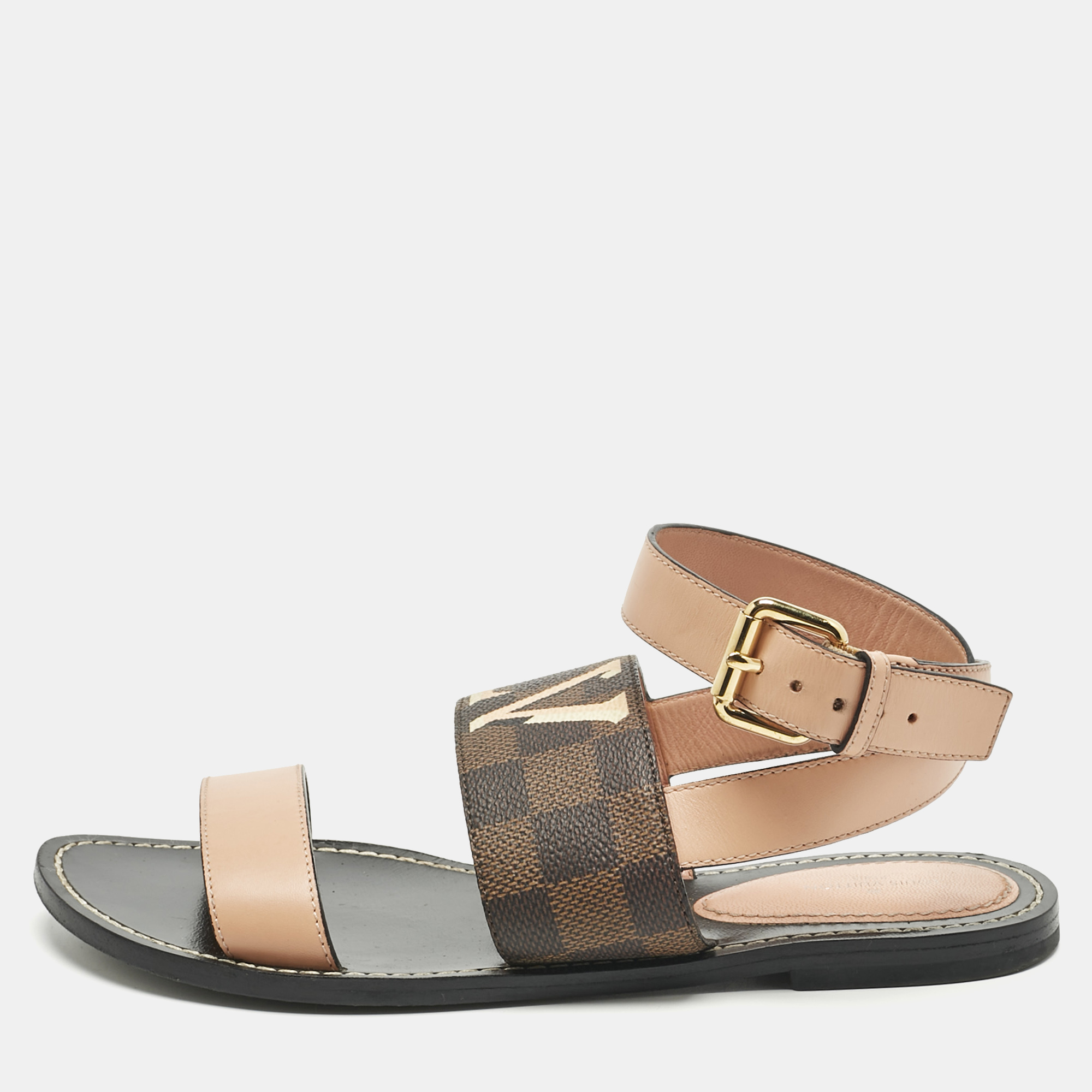 Pre-owned Louis Vuitton Brown Monogram Coated Canvas And Leather Passenger Flat Sandals Size 37.5