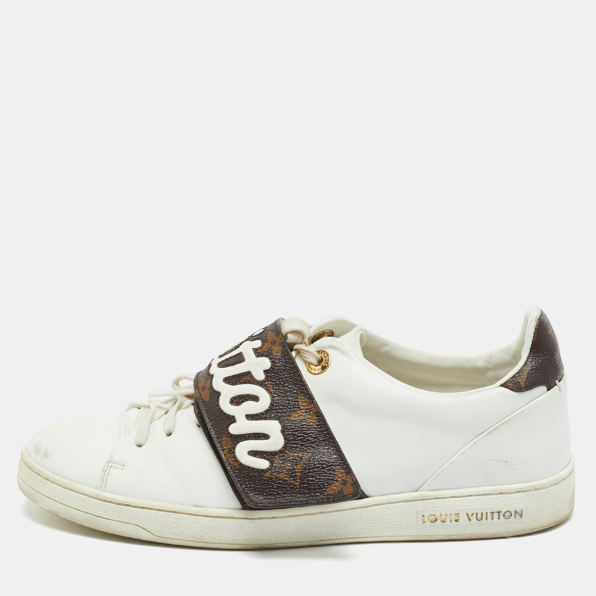 

Louis Vuitton White/Brown Monogram Canvas and Leather Frontrow Lace Up Sneakers Size