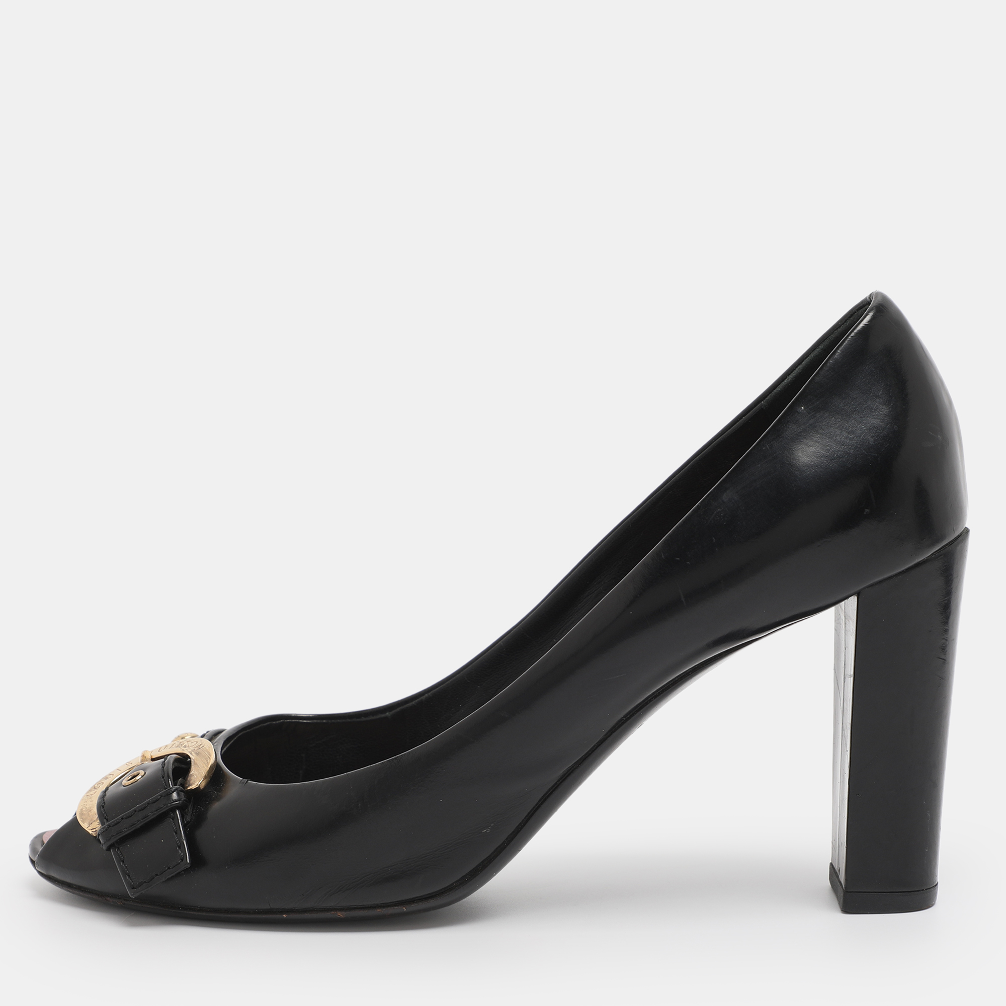 Pre-owned Louis Vuitton Black Patent Leather Buckle Peep Toe Pumps Size 38
