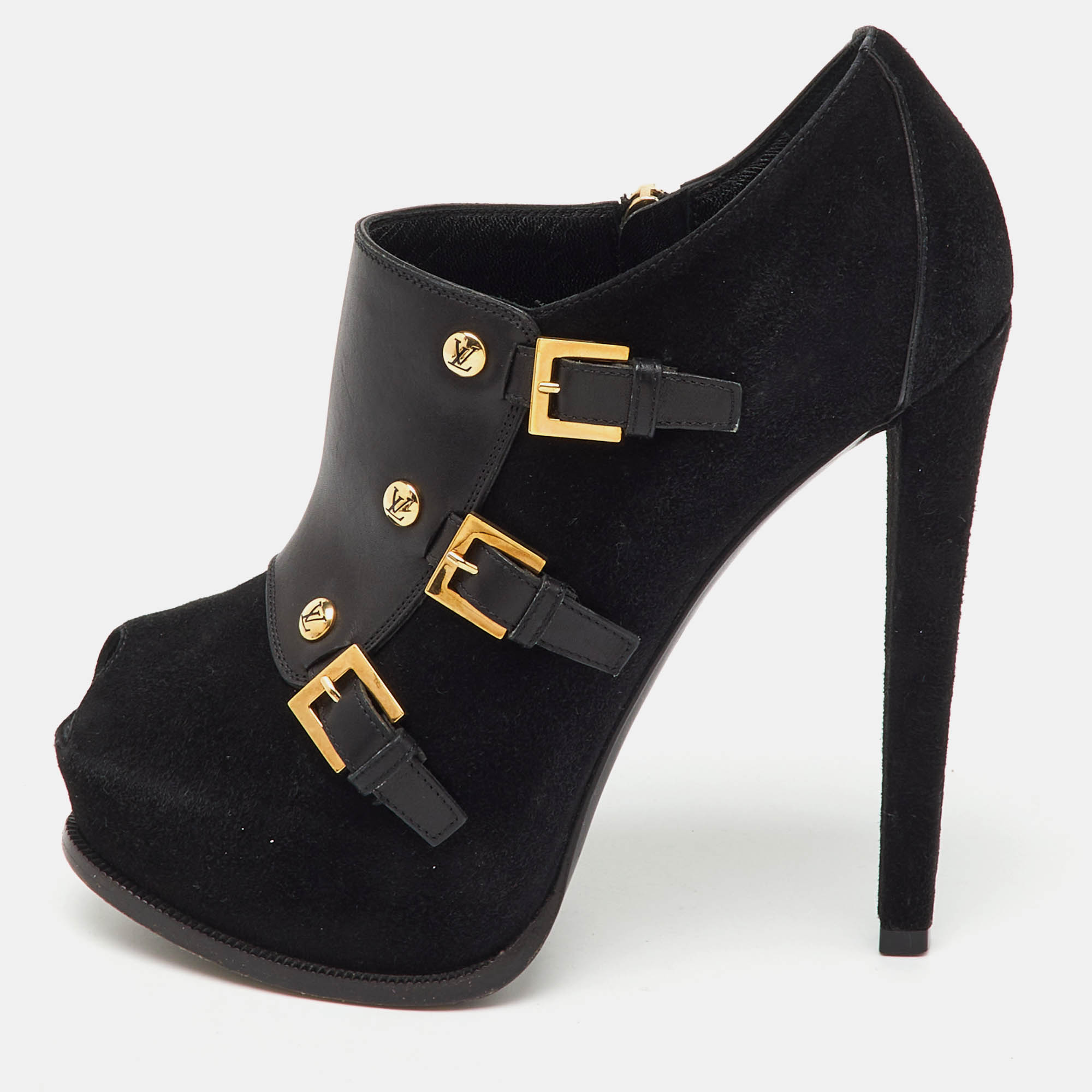Pre-owned Louis Vuitton Black Suede And Leather Peep Toe Platform Booties Size 36