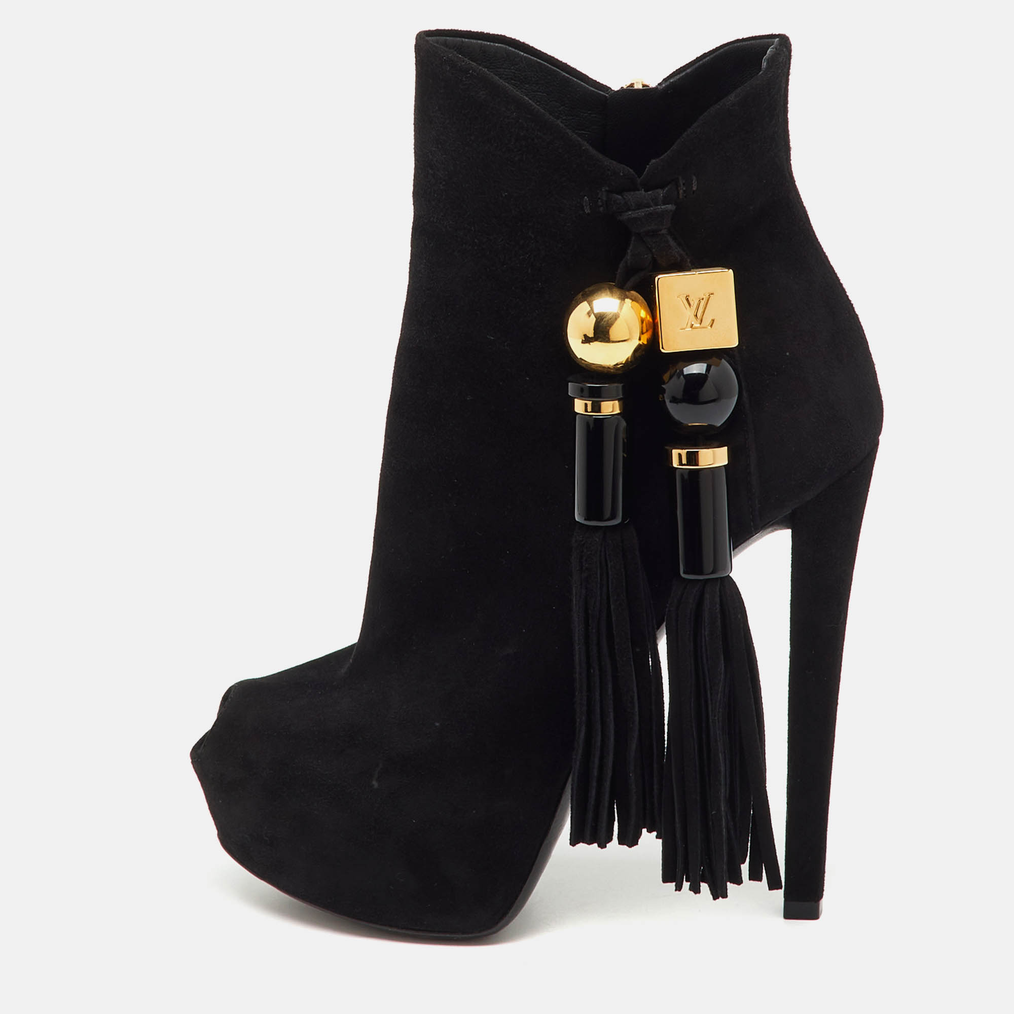 Pre-owned Louis Vuitton Black Suede Tassel Peep Toe Platform Ankle Booties Size 36