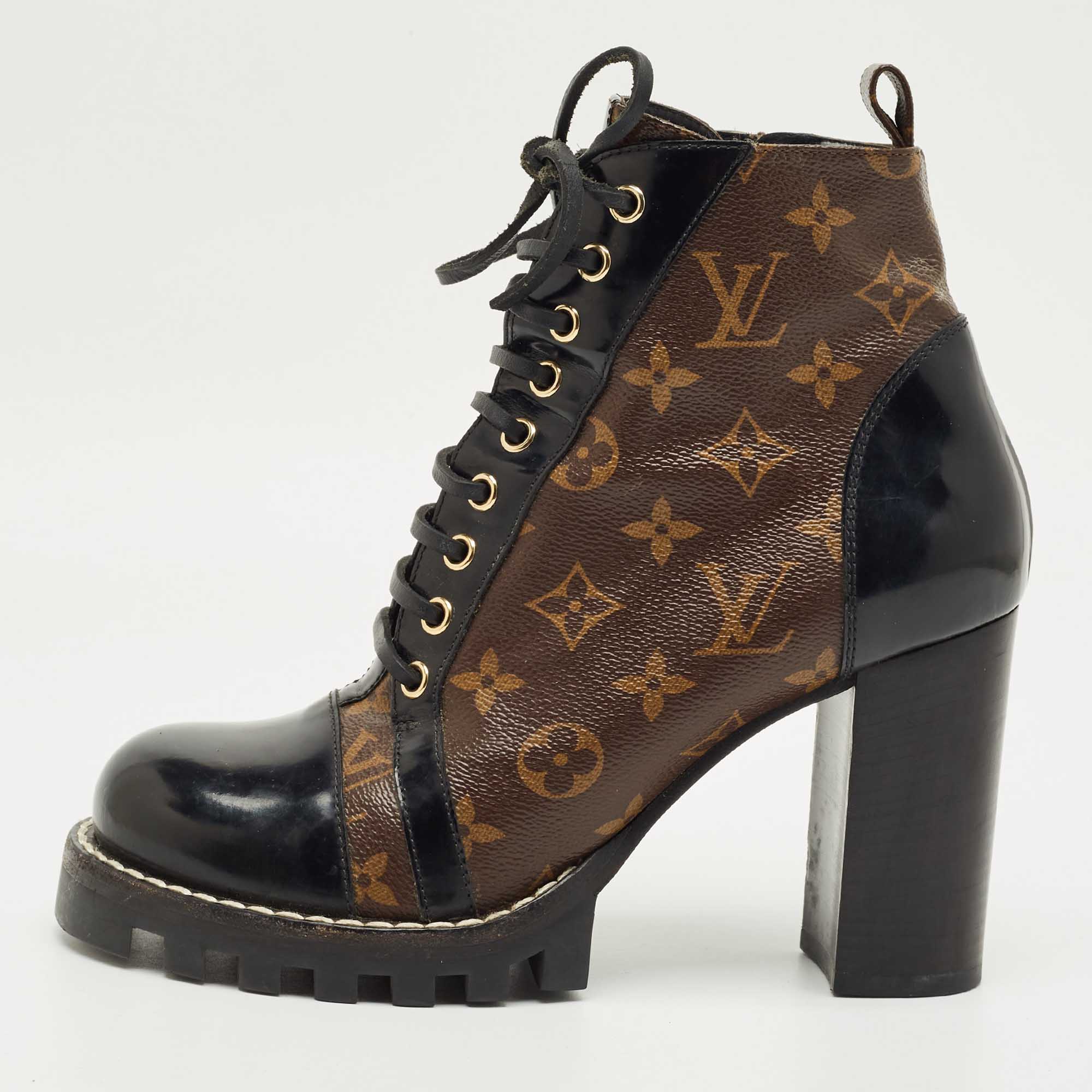 Pre Owned Louis Vuitton Brown/Black Monogram Canvas and Patent Leather Star Trail Ankle Boot Size 38.5
