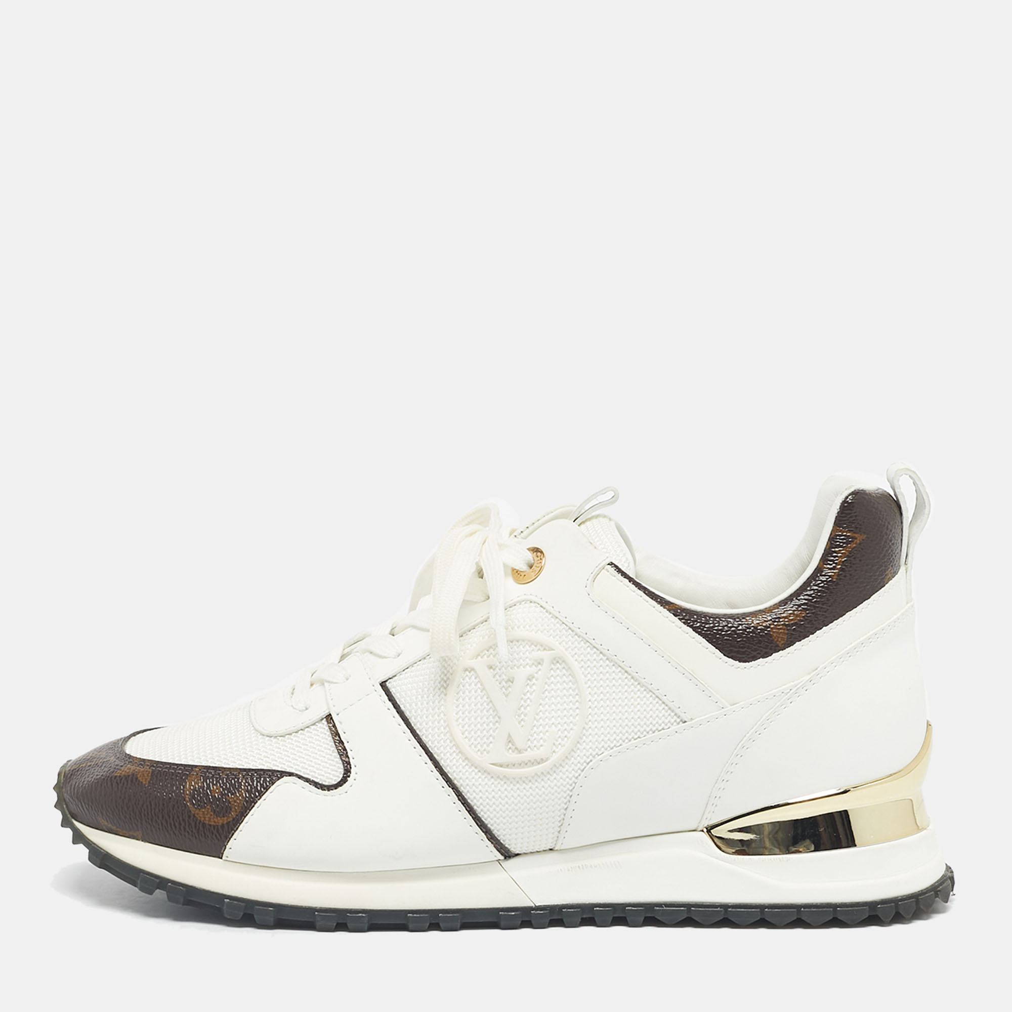 Pre-owned Louis Vuitton White/brown Monogram Canvas And Leather Runaway Lace Up Sneakers Size 38.5