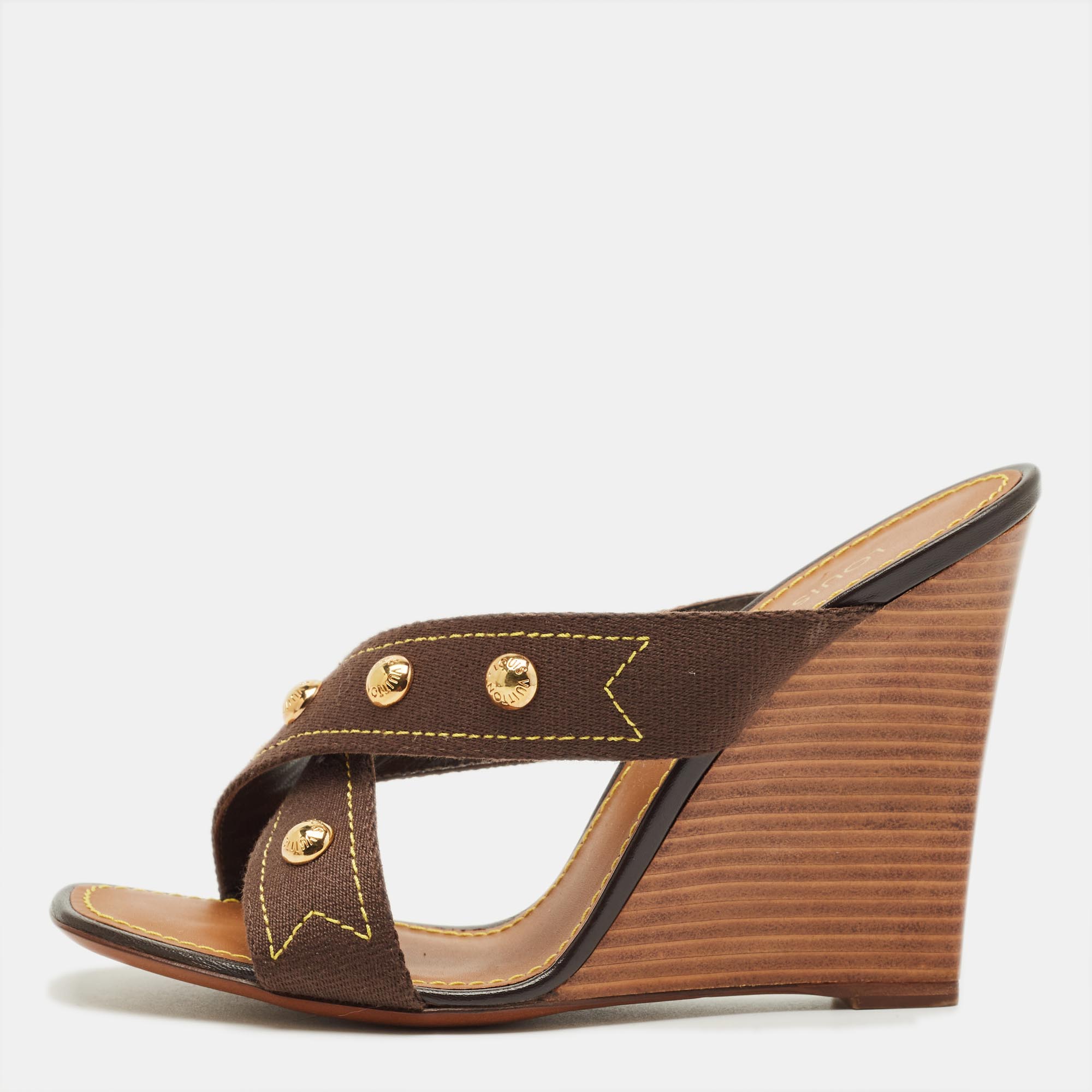 Pre-owned Louis Vuitton Brown Studded Canvas Cross Strap Wedge Sandals Size 39.5