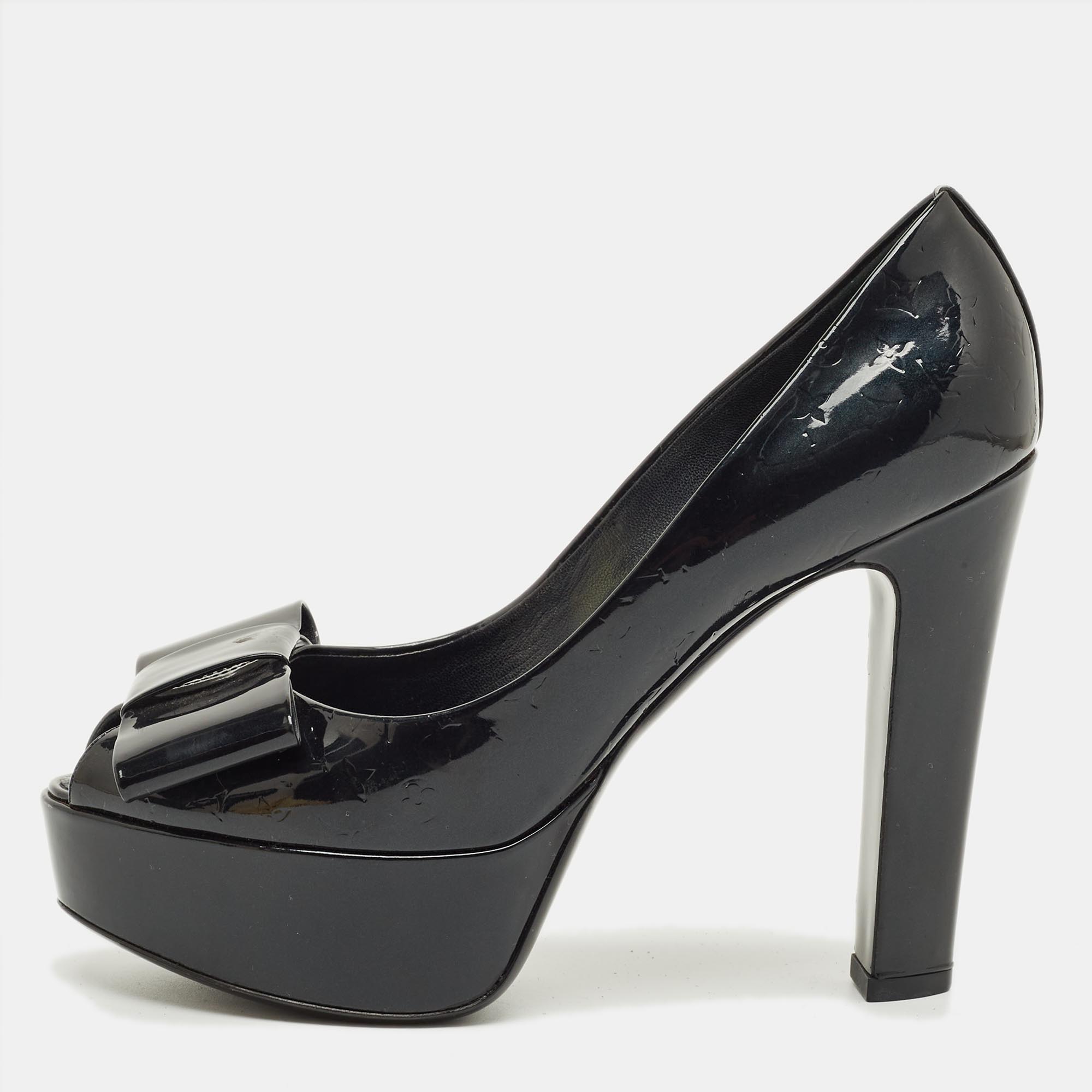 Pre-owned Louis Vuitton Black Monogram Patent Leather Bow Platform Pumps Size 38