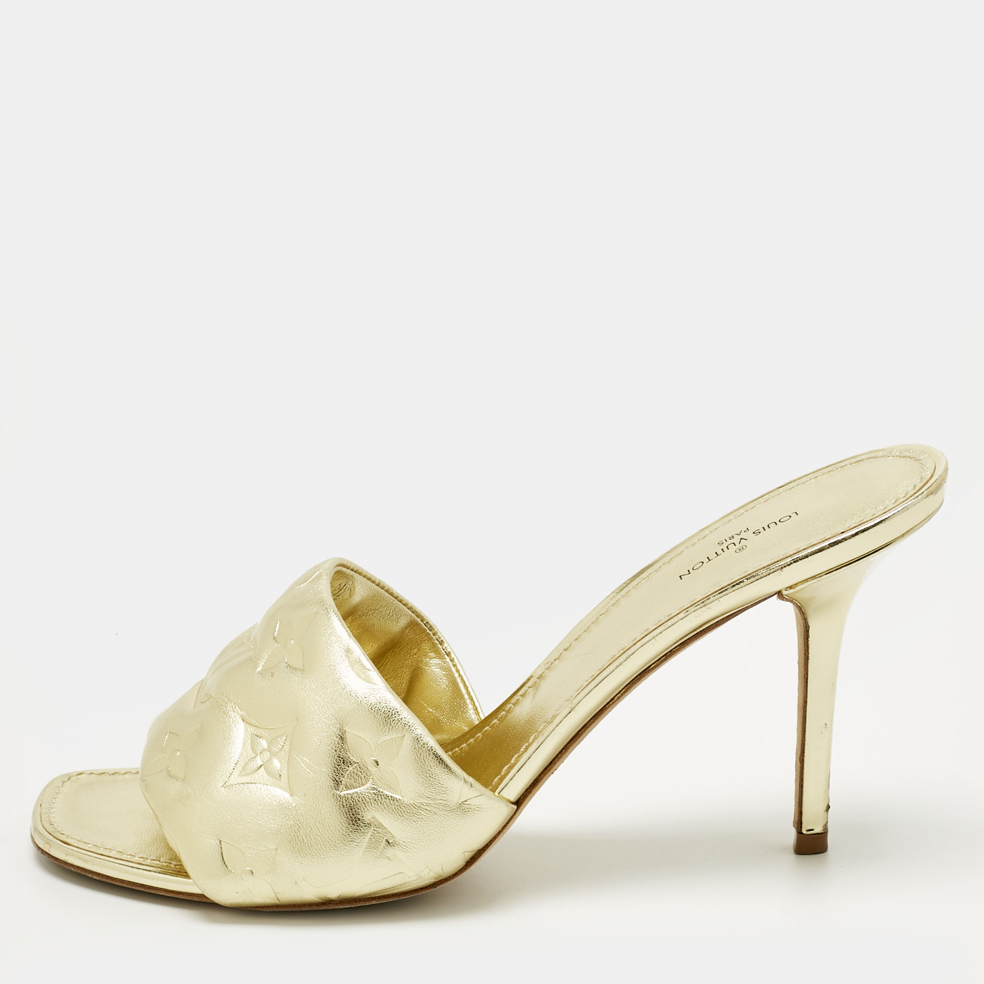 Pre-owned Louis Vuitton Gold Monogram Leather Revival Slide Sandals Size 39