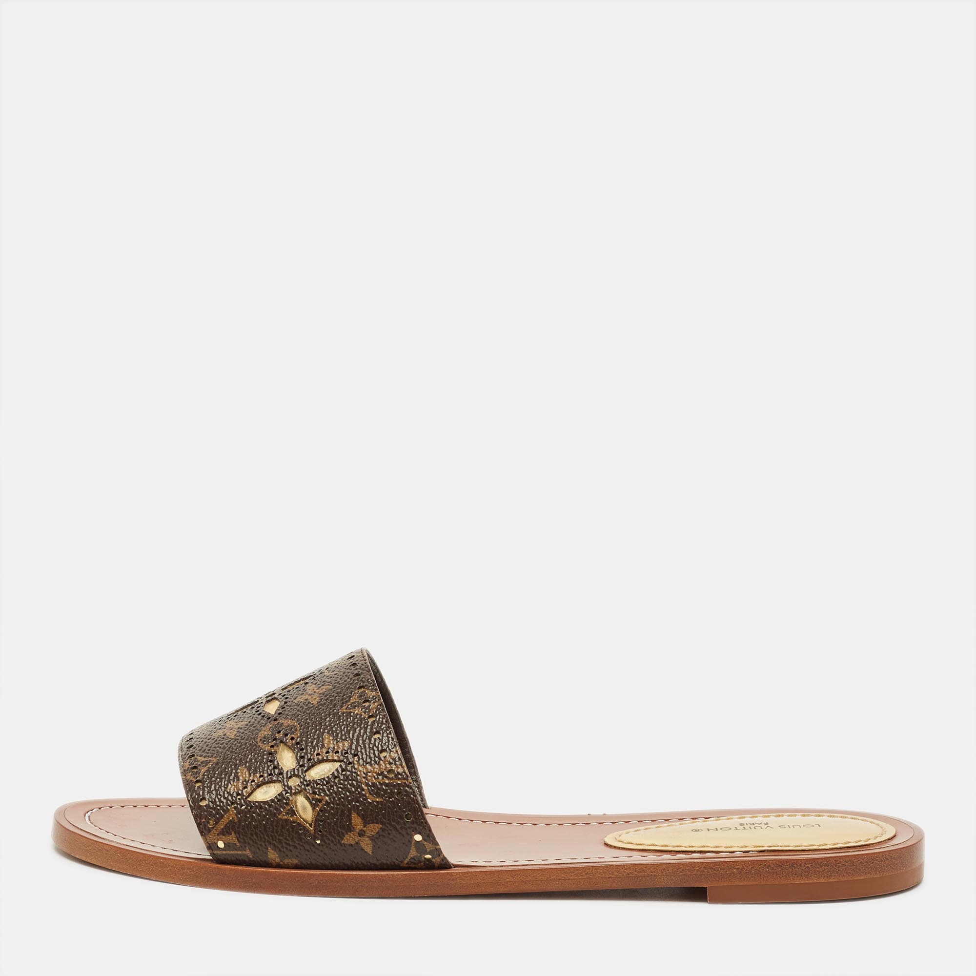 Pre-owned Louis Vuitton Monogram Canvas Lock It Flat Slides Size 38 In Brown