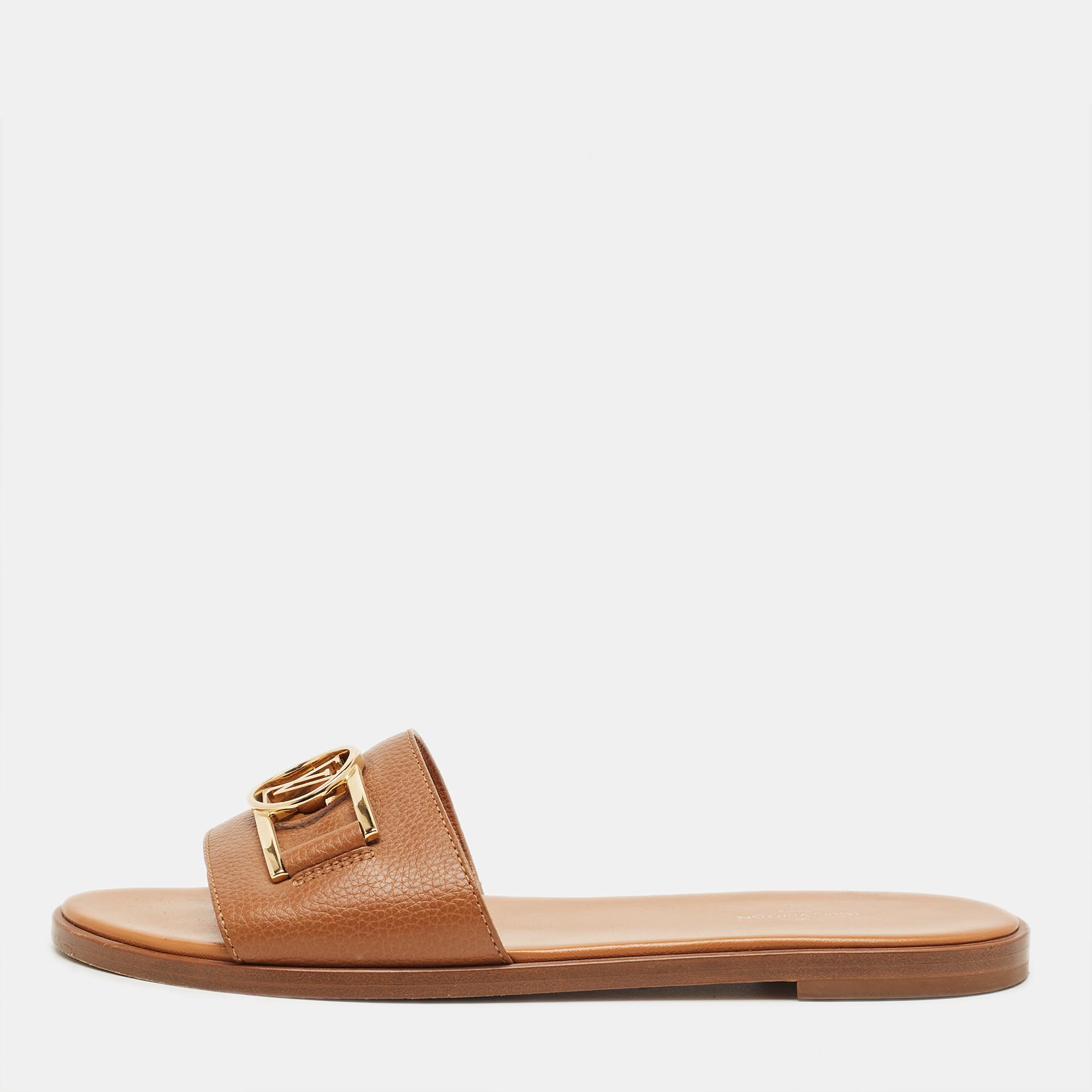 Pre-owned Louis Vuitton Brown Leather Lock It Flat Sandals Size 39