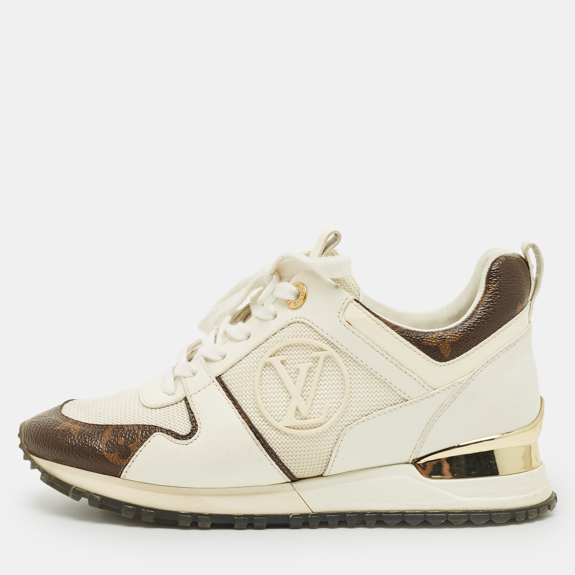 Pre-owned Louis Vuitton White/brown Monogram Canvas And Leather Run Away Low Top Sneakers Size 35