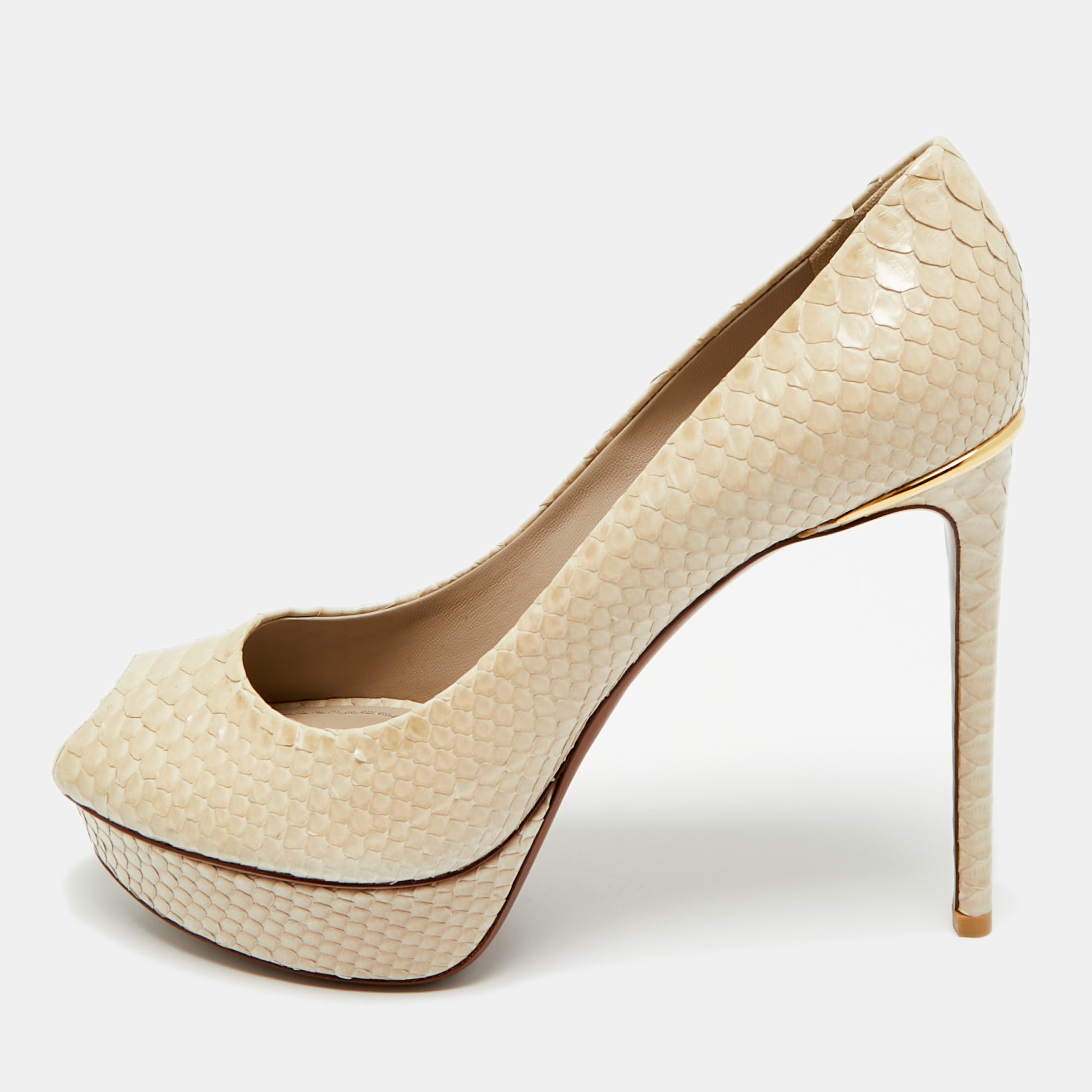 Pre-owned Louis Vuitton Cream Python Leather Miss Peep Toe Pumps Size 40 In White