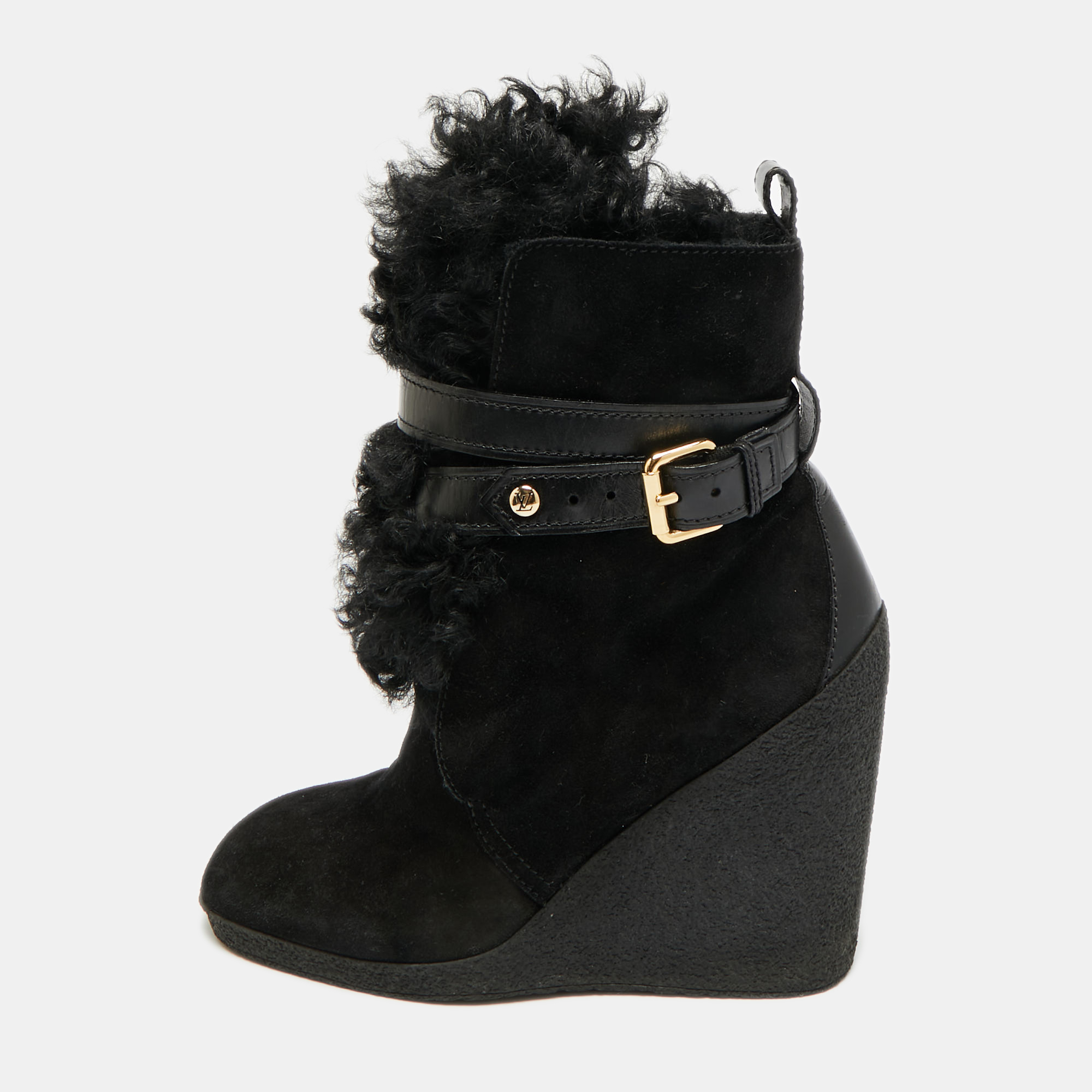 Pre-owned Louis Vuitton Black Fur And Suede Teddy Wedge Ankle Boots Size 37