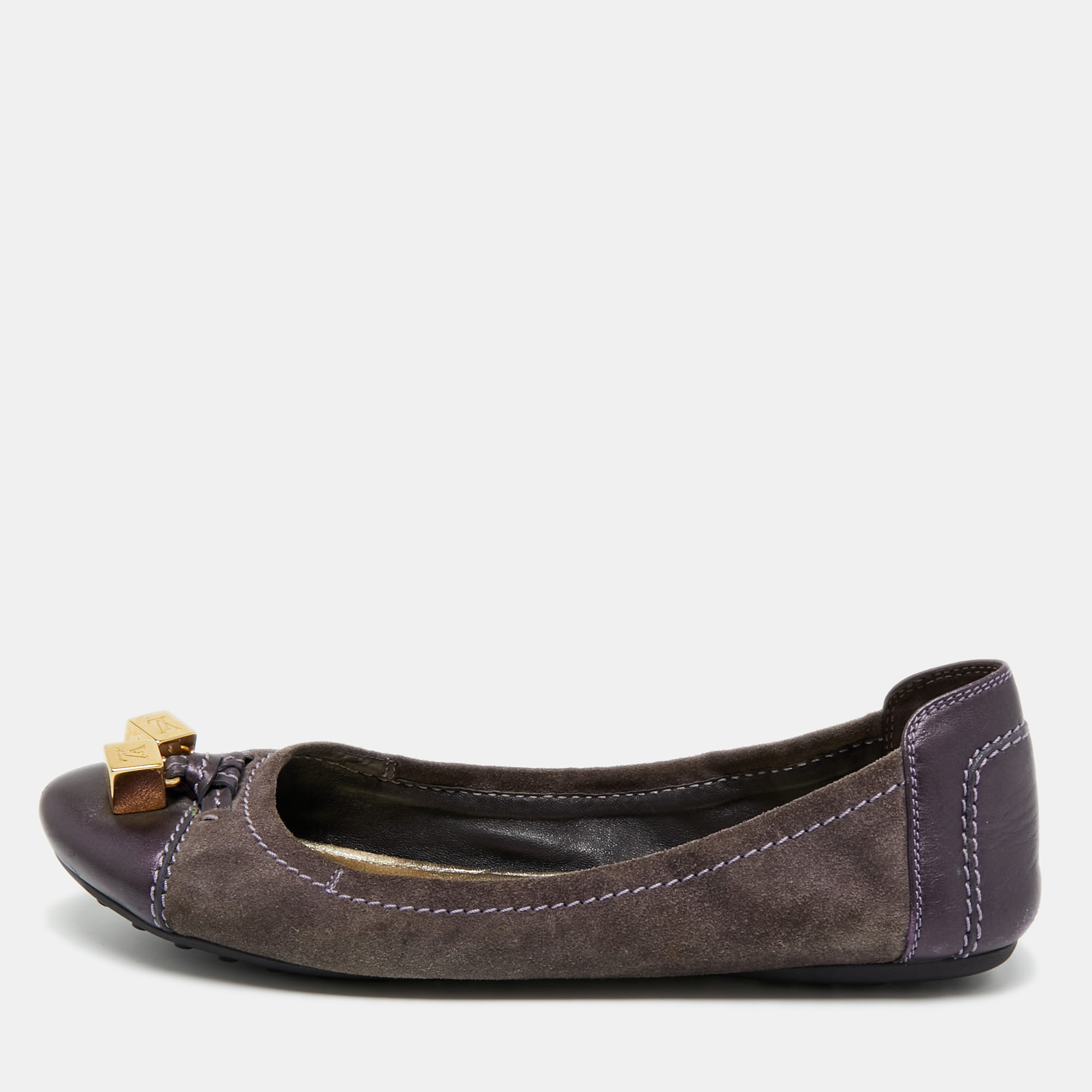 Pre-owned Louis Vuitton Grey/purple Suede And Metallic Leather Scrunch Ballet Flats Size 39