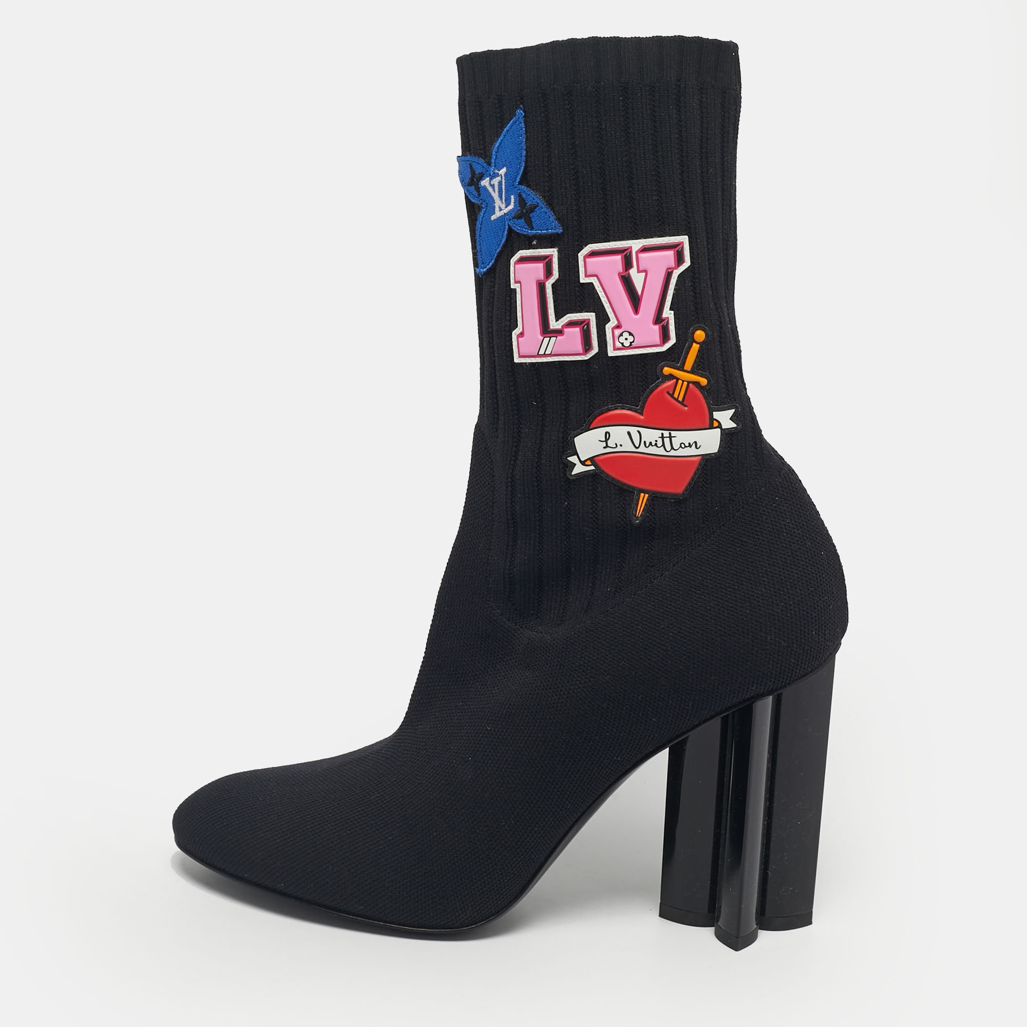 Louis Vuitton Black Knit Fabric LV Black Heart Sock Ankle Boots Size 39