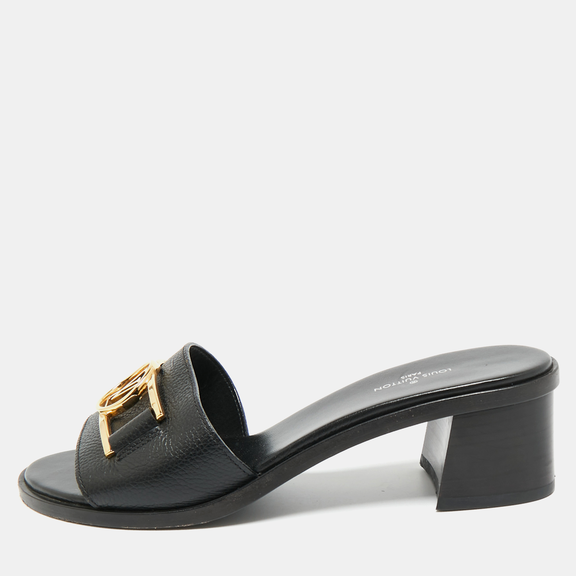 

Louis Vuitton Black Leather Lock It Slide Sandals Size