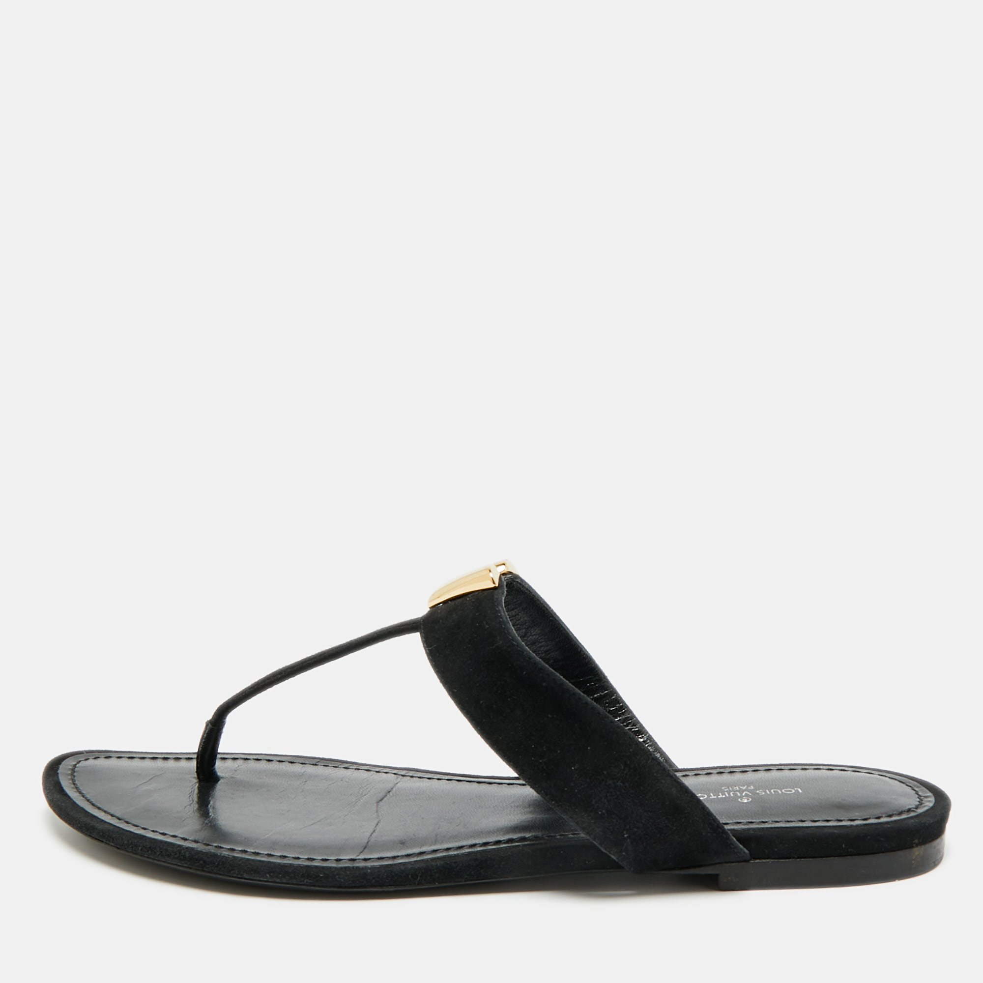 LOUIS VUITTON Pre-owned Size 38 Black Suede Thong Flat Sandals