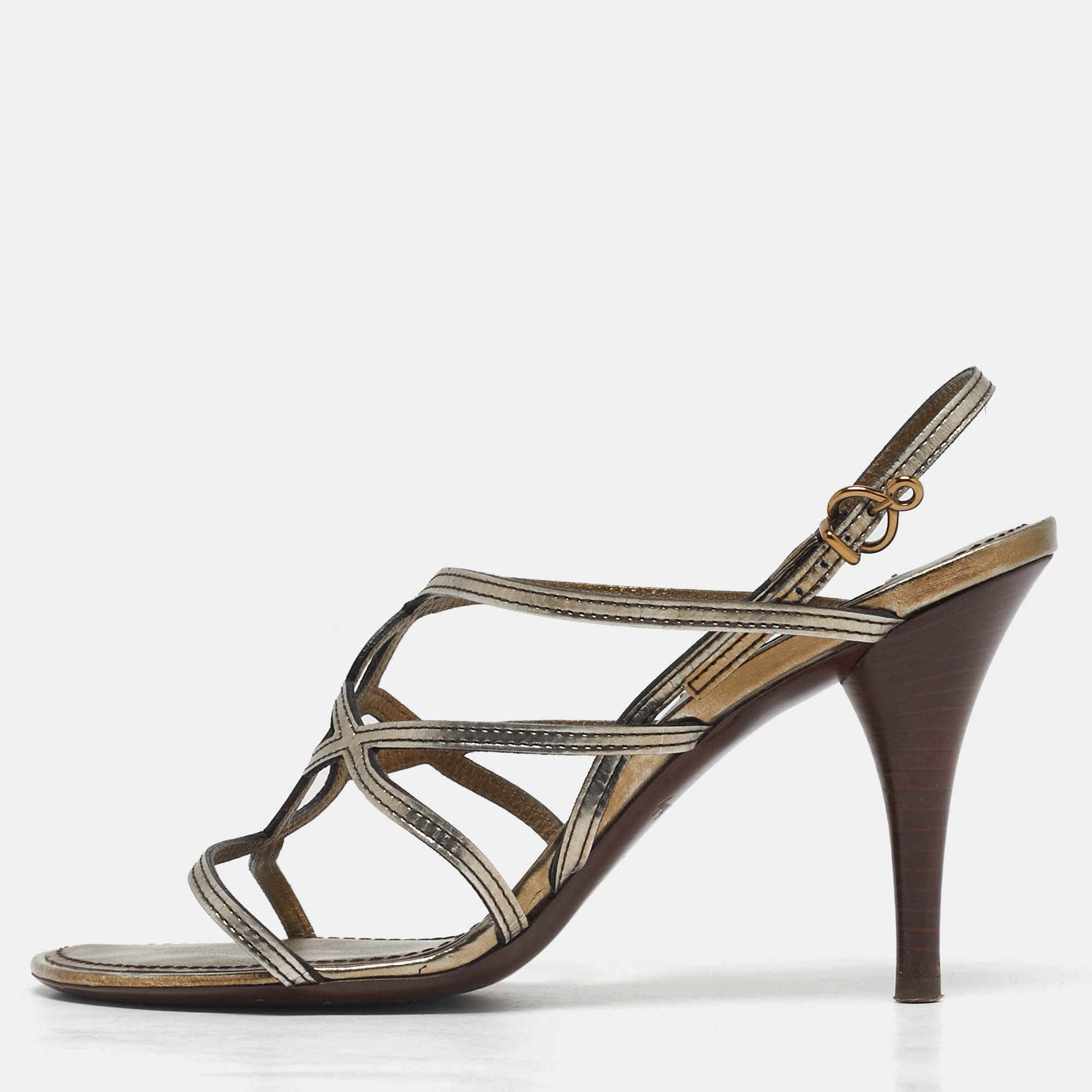 Pre-owned Louis Vuitton Size 37.5 Metallic Leather Strappy Slingback Sandals In Silver