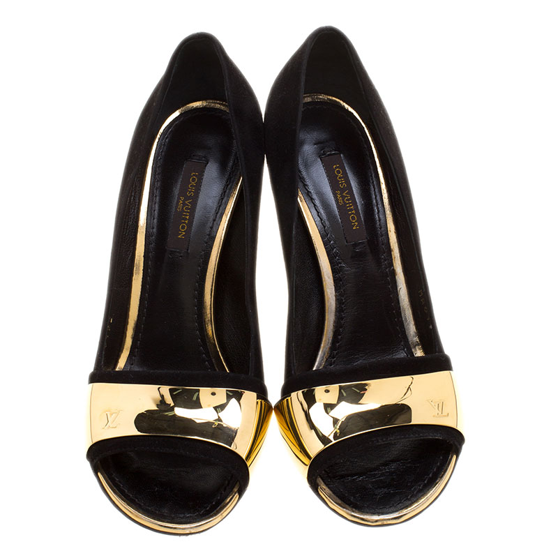 Louis Vuitton Black Suede Gold Plate Peep Toe Pumps Size 36 Louis