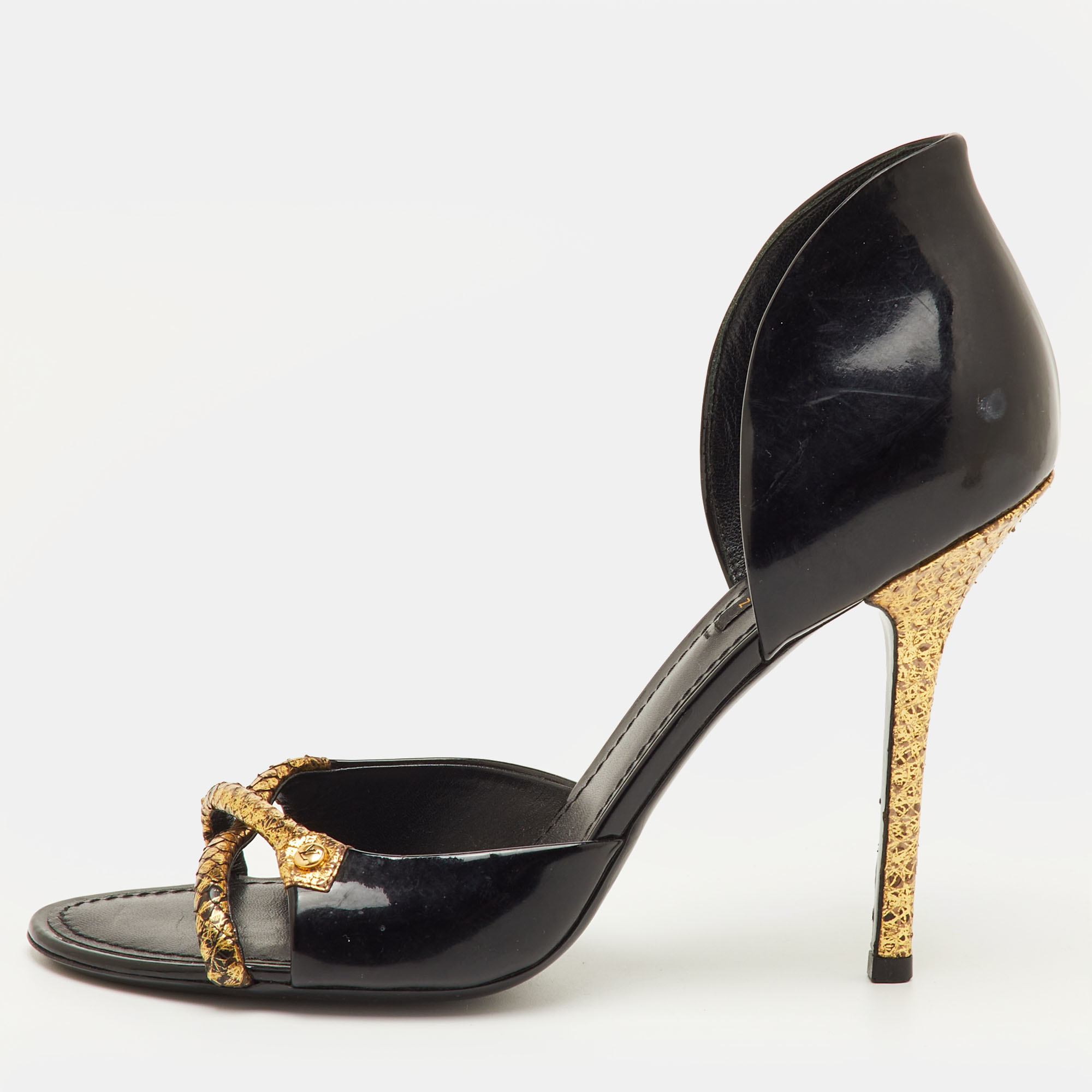 Pre-owned Louis Vuitton Size 40 Black/gold Patent Leather And Snakeskin Open Toe Slide Sandals