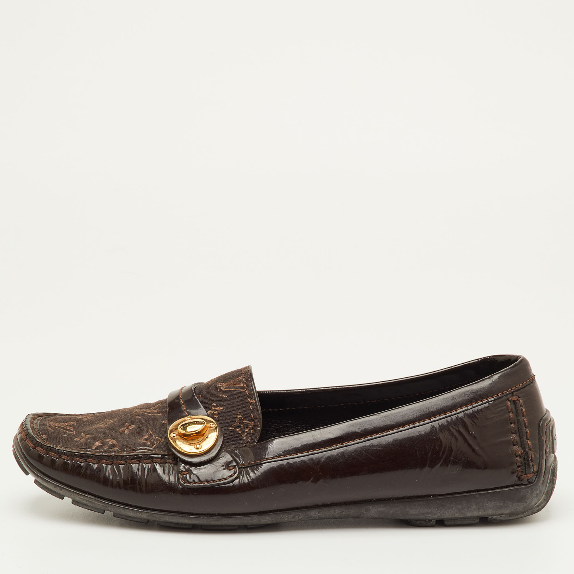 Pre-owned Louis Vuitton Size 38 Brown Patent Leather And Mini Lin Monogram Canvas Slip On Loafers