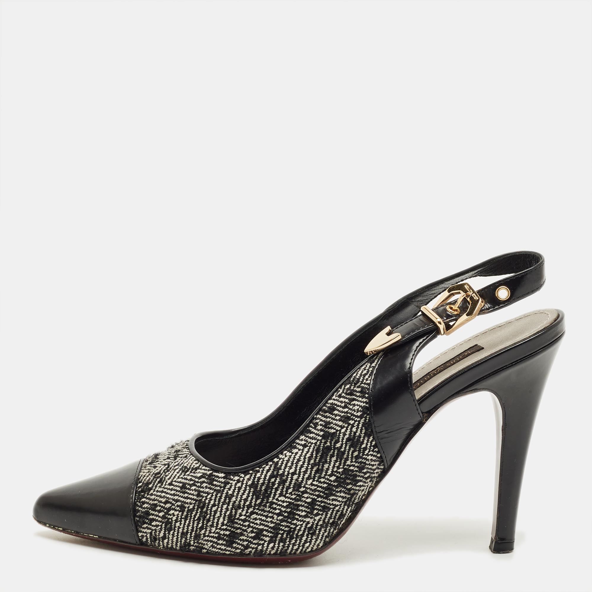 Pre-owned Louis Vuitton Size 36 Black/white Leather And Tweed Slingback Pumps
